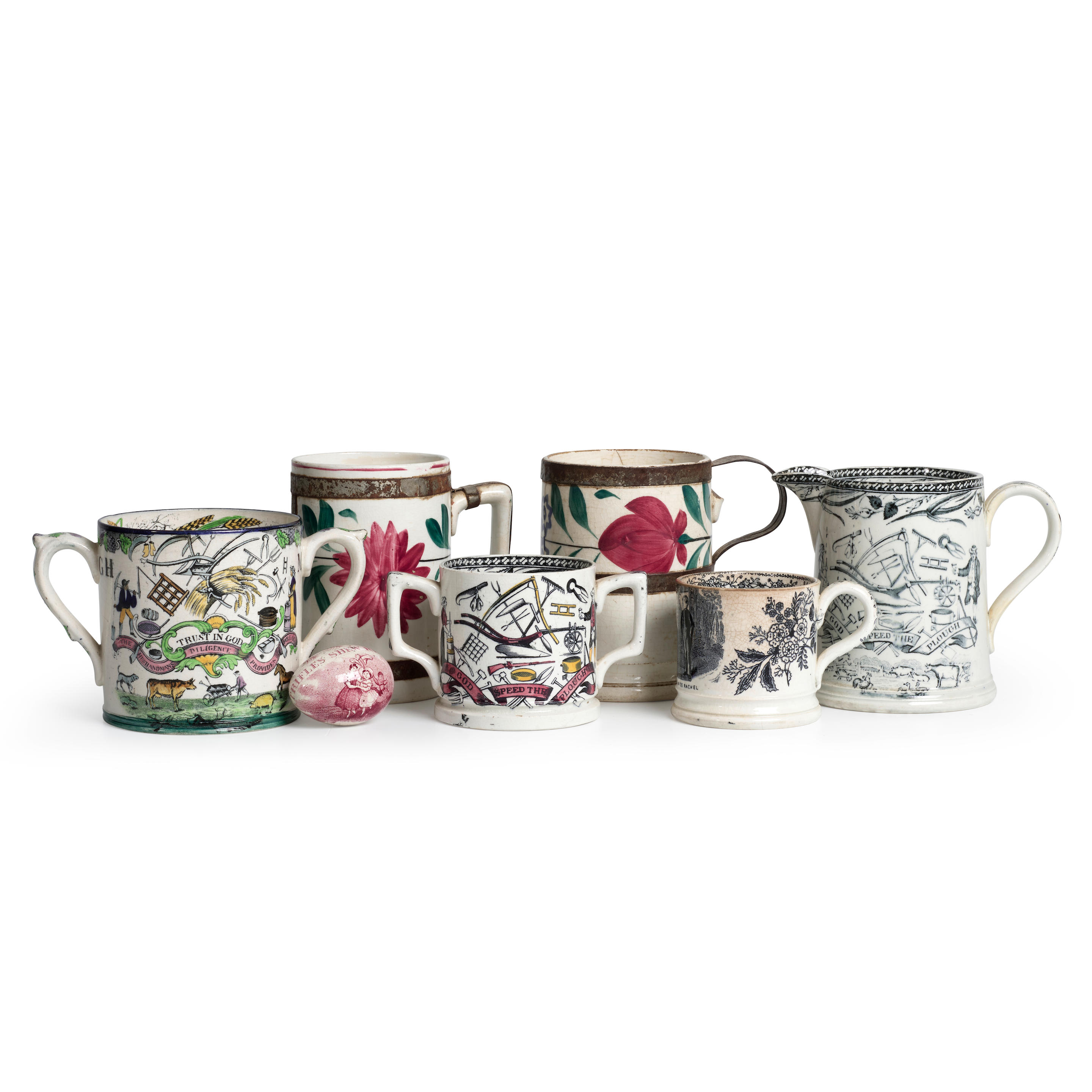 SEVEN PAINTED AND TRANSFER PRINTED CERAMIC ITEMS England early 19th