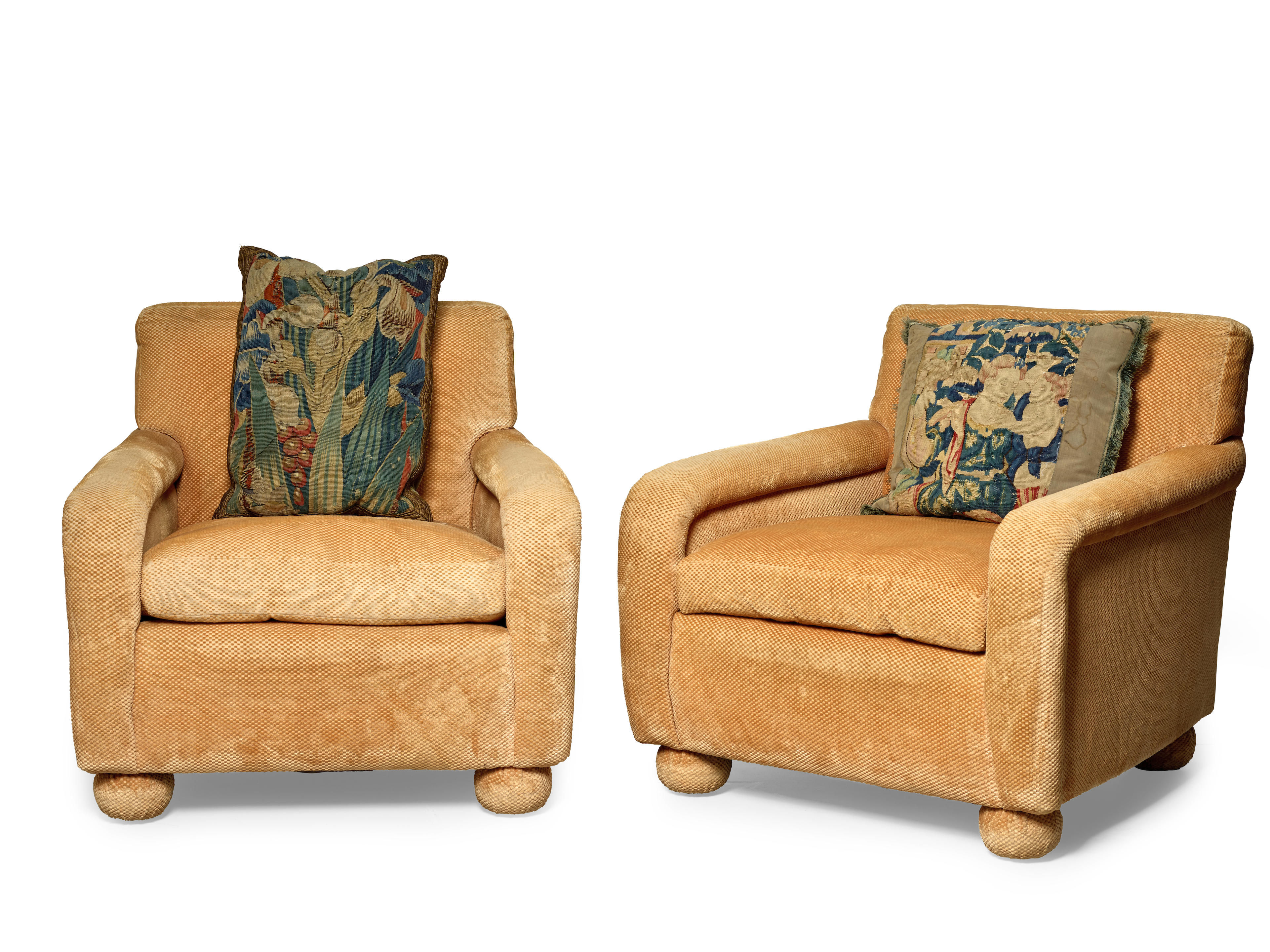 A PAIR OF CHENILLE UPHOLSTERED ARMCHAIRS Late 20th century With