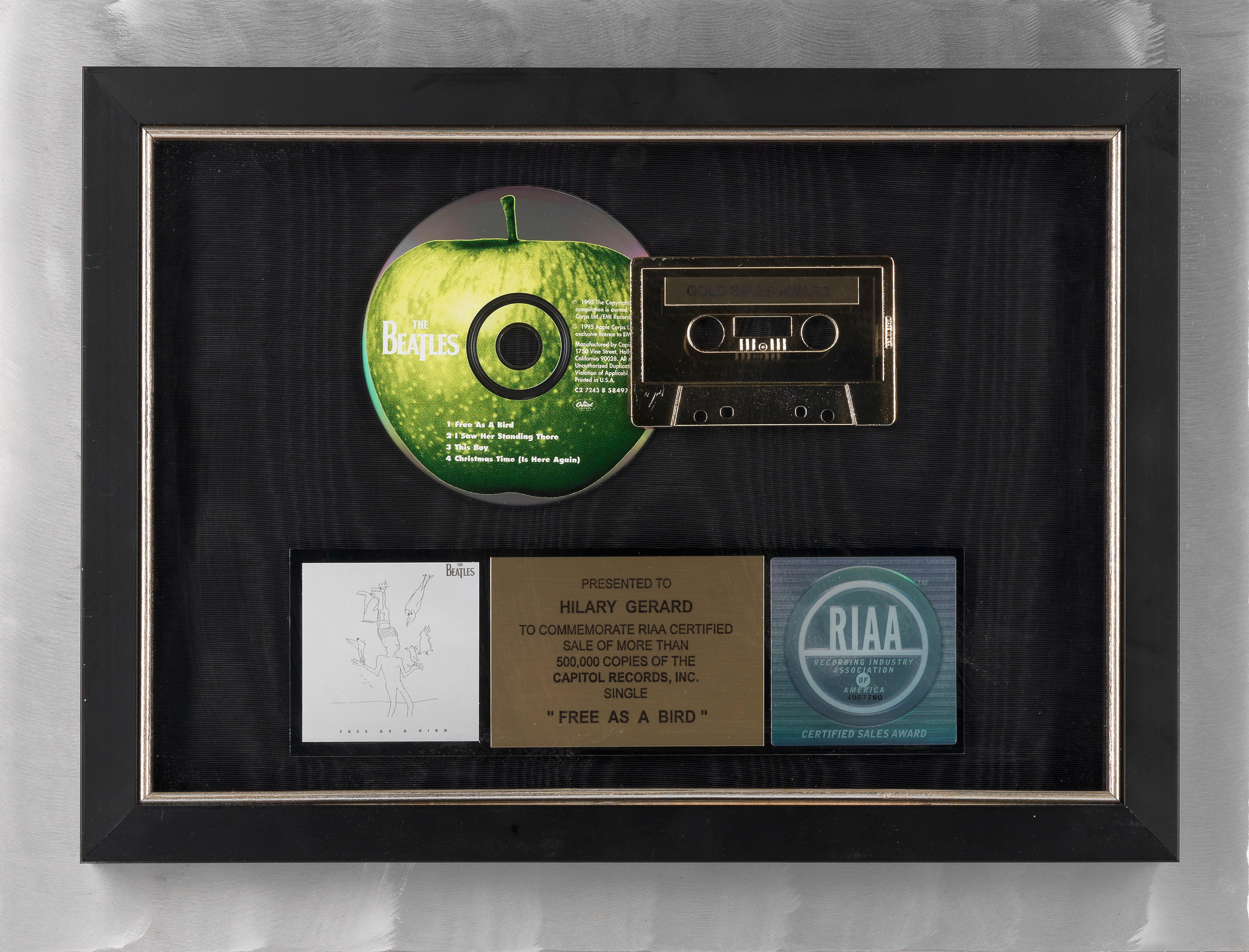 THE BEATLES A RIAA GOLD DISC AWARD FOR THE SINGLE