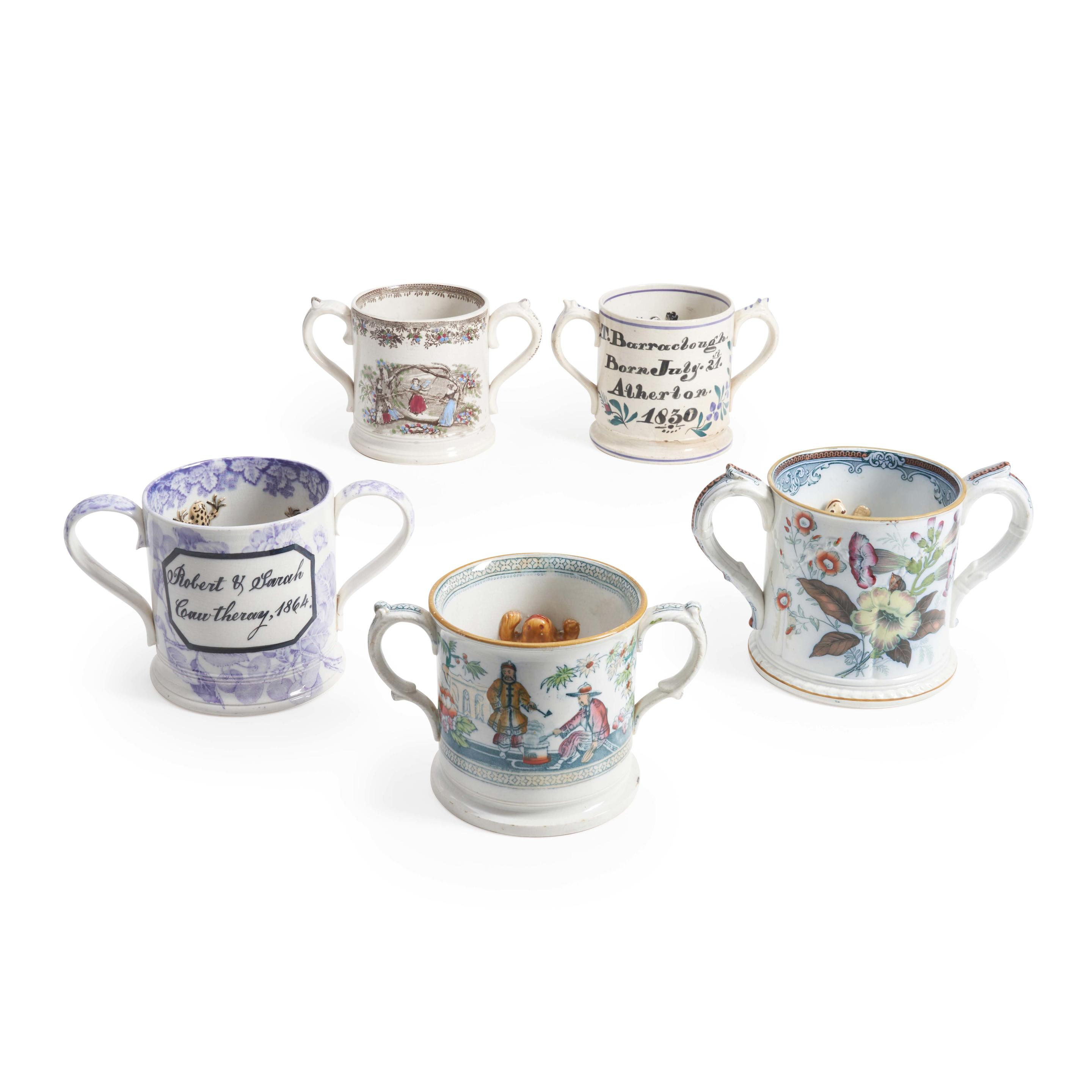 FIVE STAFFORDSHIRE FROG MUGS LOVING CUPS England 19th century one