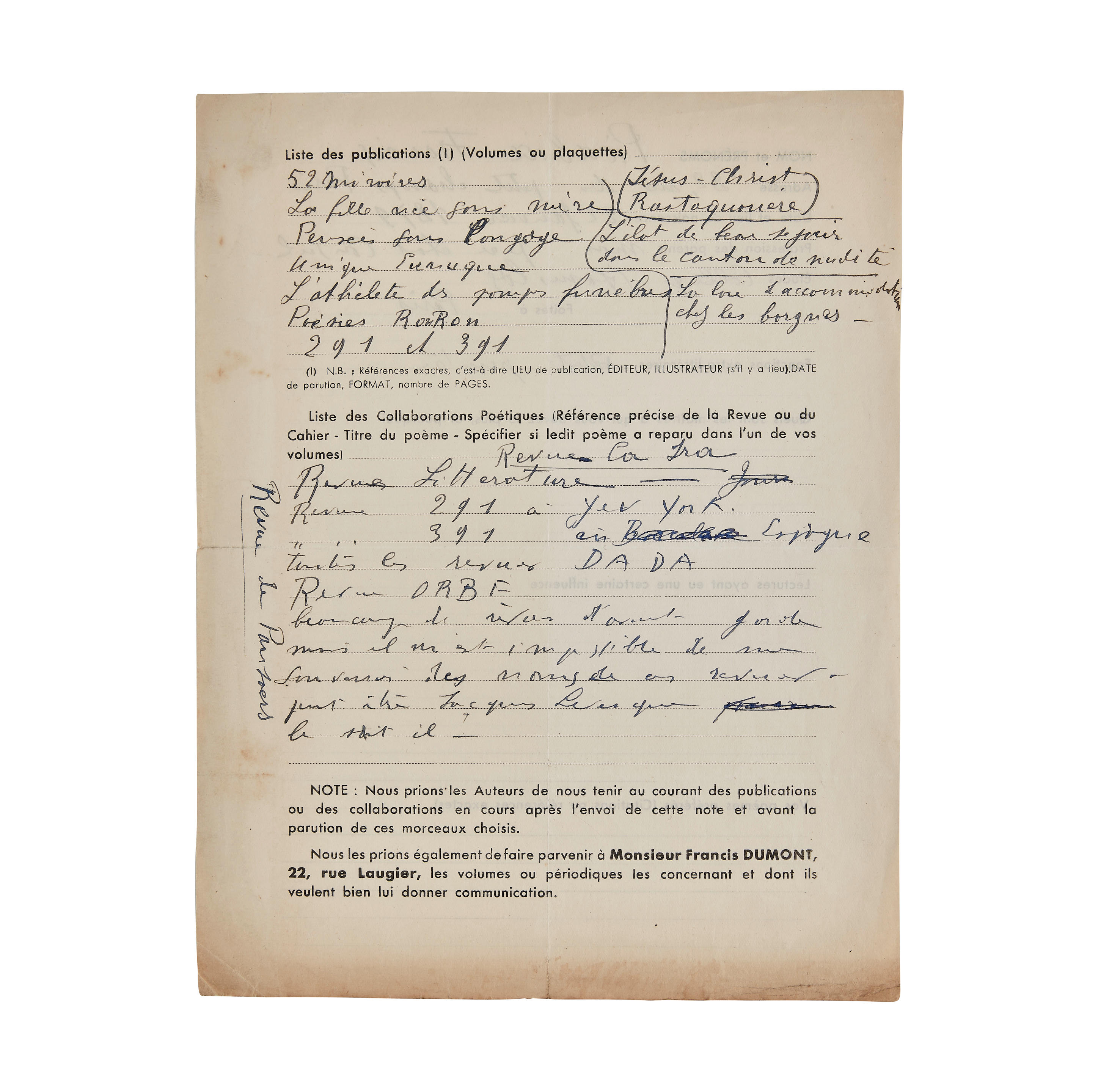 FRANCIS PICABIA 1879 1953 R PONSES AUTOGRAPHES AU QUESTIONNAIRE DE