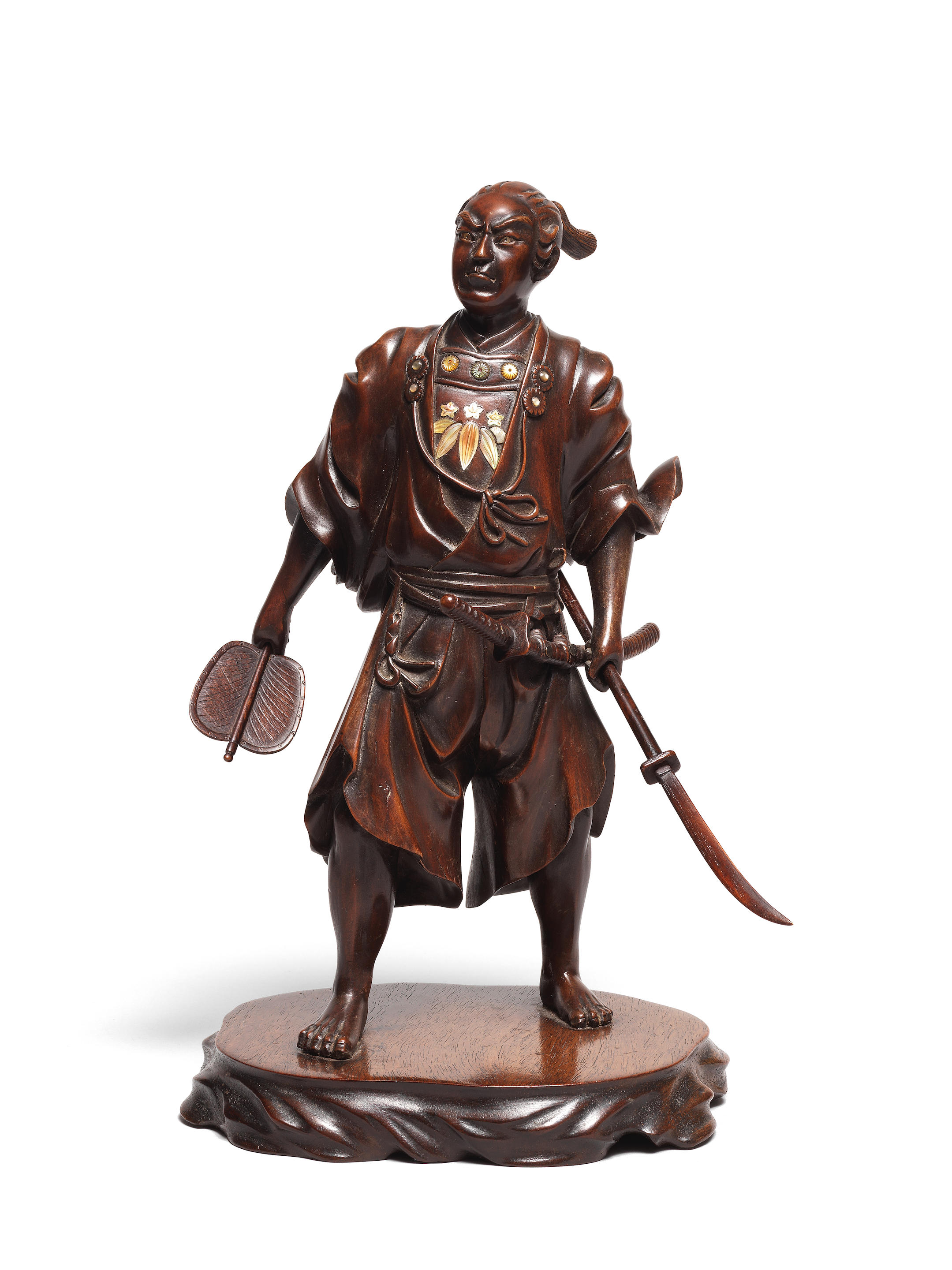 A WOOD OKIMONO TABLE ORNAMENT OF A SAMURAI Edo period