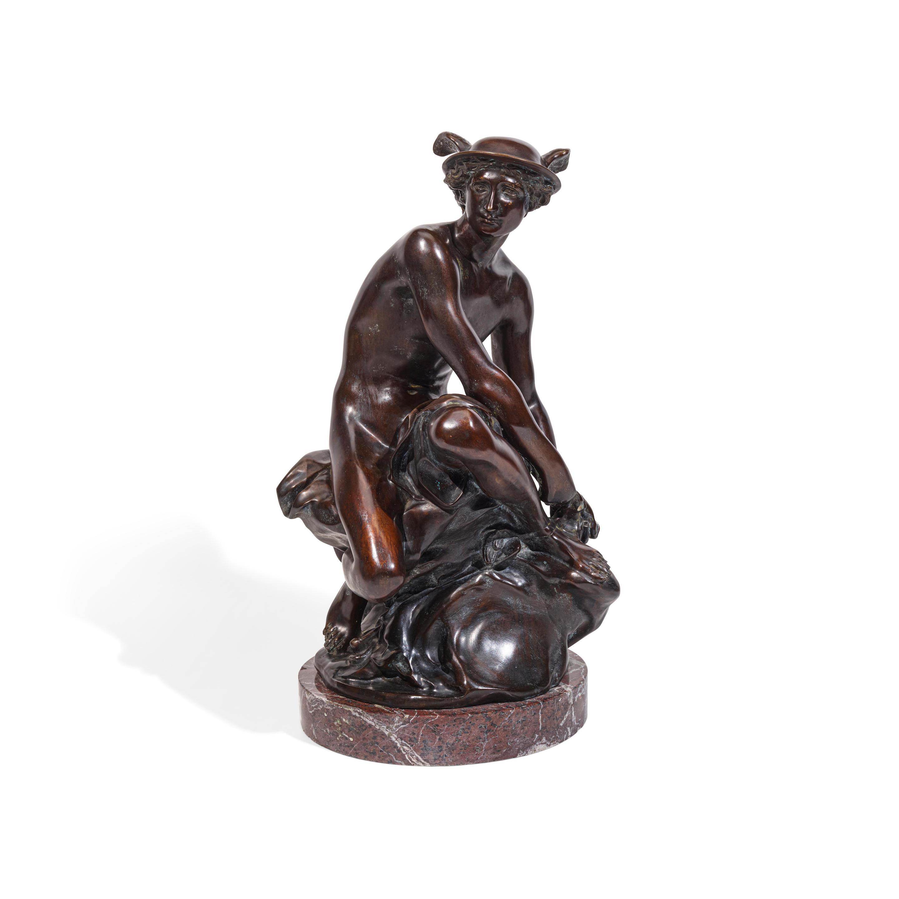 A PATINATED BRONZE FIGURE OF MERCURY On a marble base
