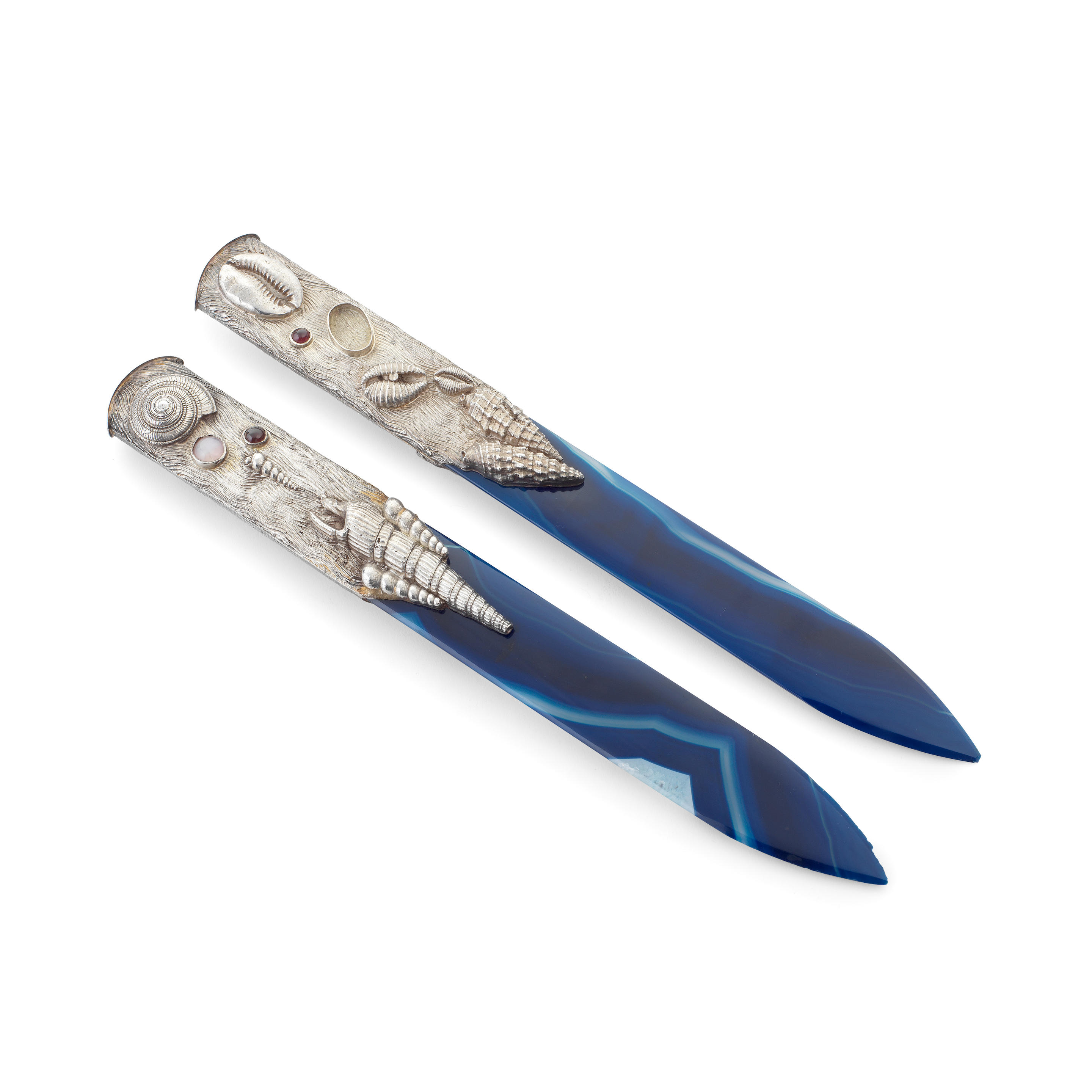 JOCELYN BURTON TWO SIMILAR SILVER AND AGATE PAPER KNIVES London