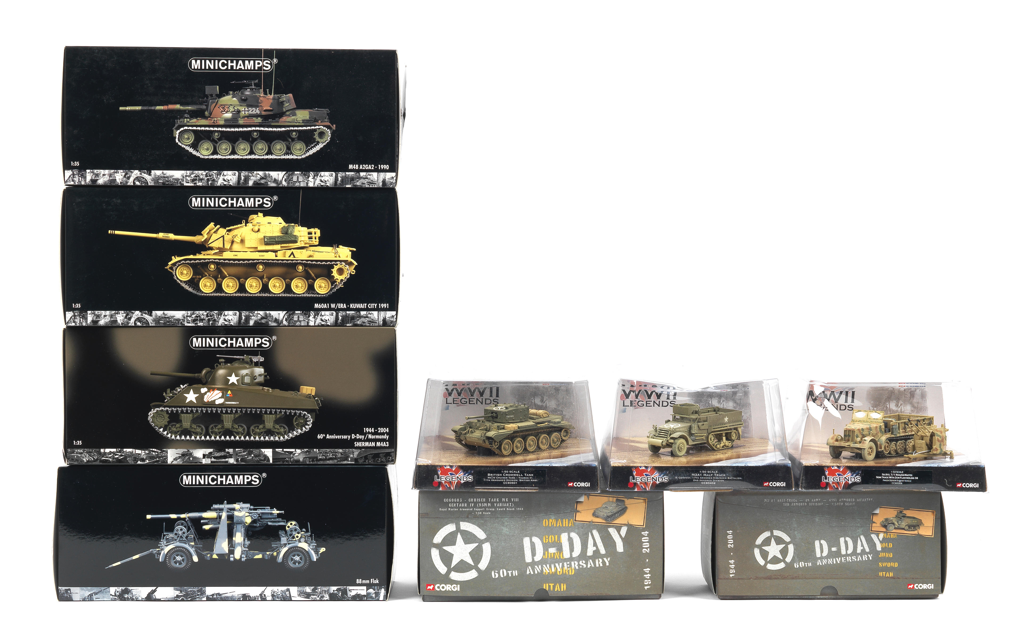 NINE BOXED DIE CAST SCALE MODELS OF TANKS AND MILITARY