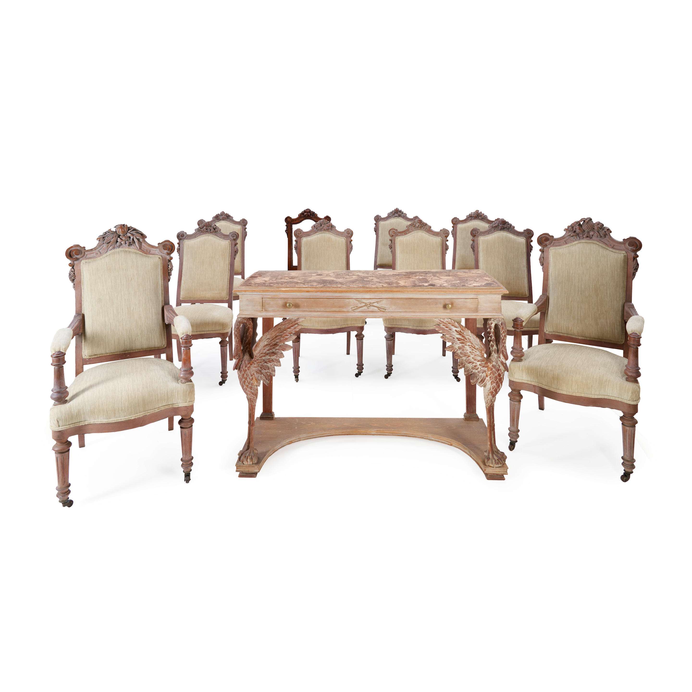 TEN VICTORIAN WALNUT DINING CHAIRS AND A CONSOLE TABLE United