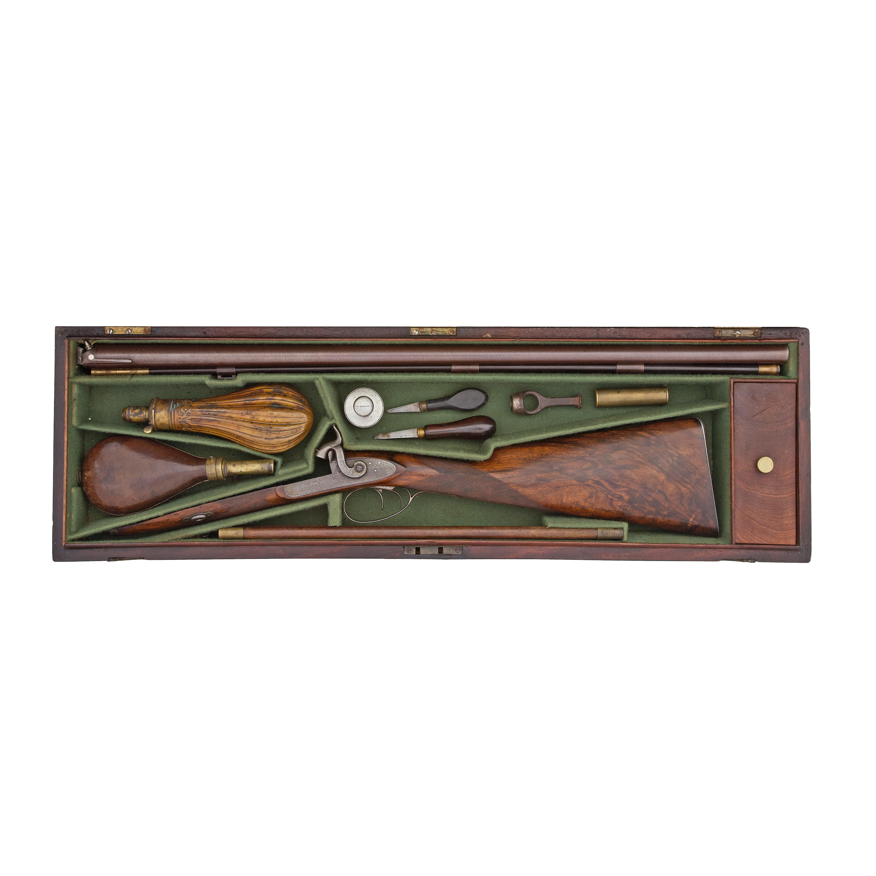 A CASED 14 BORE PERCUSSION D B SPORTING GUN BY