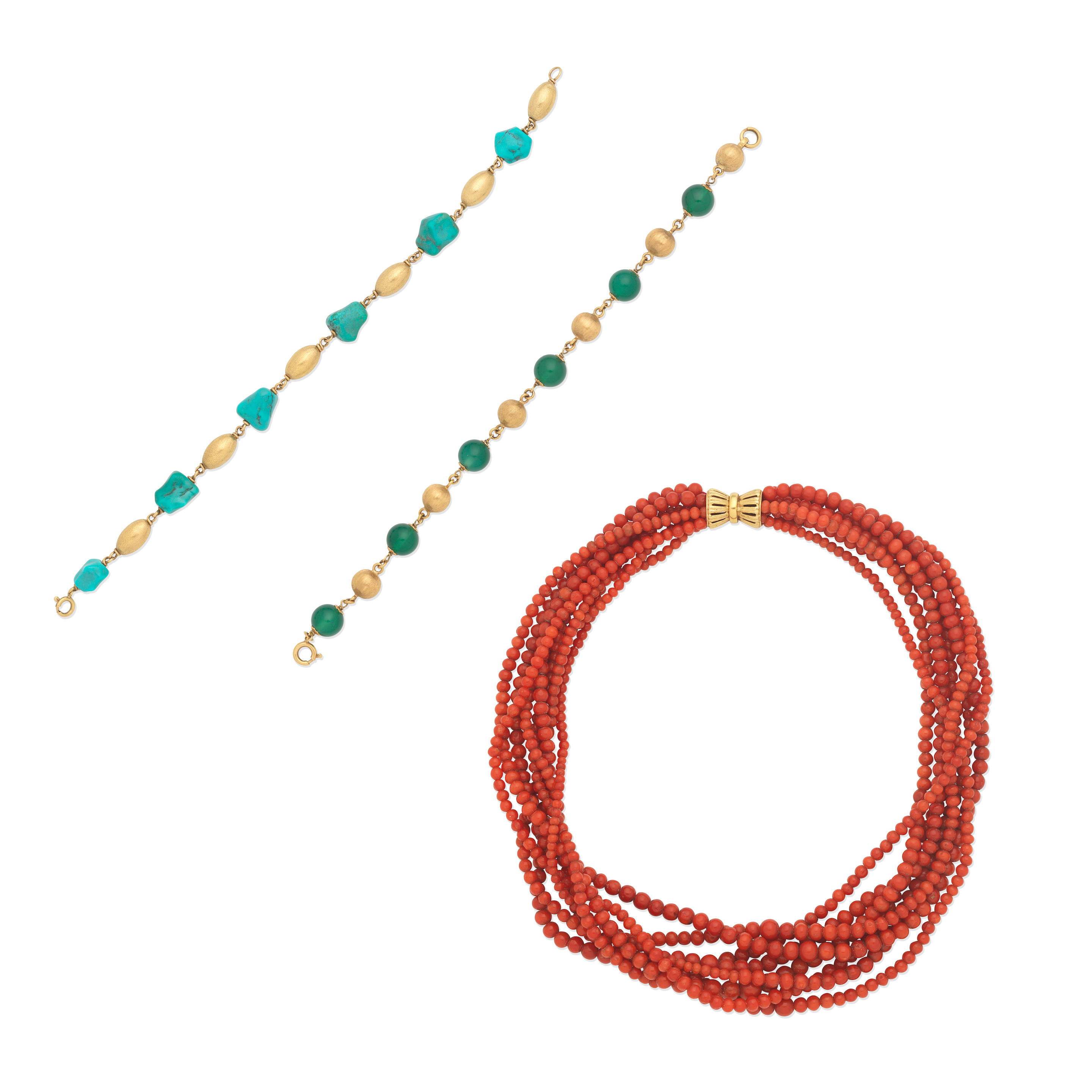 CORAL NECKLACE AND TWO HARDSTONE BRACELETS 1st Coral torsade necklace