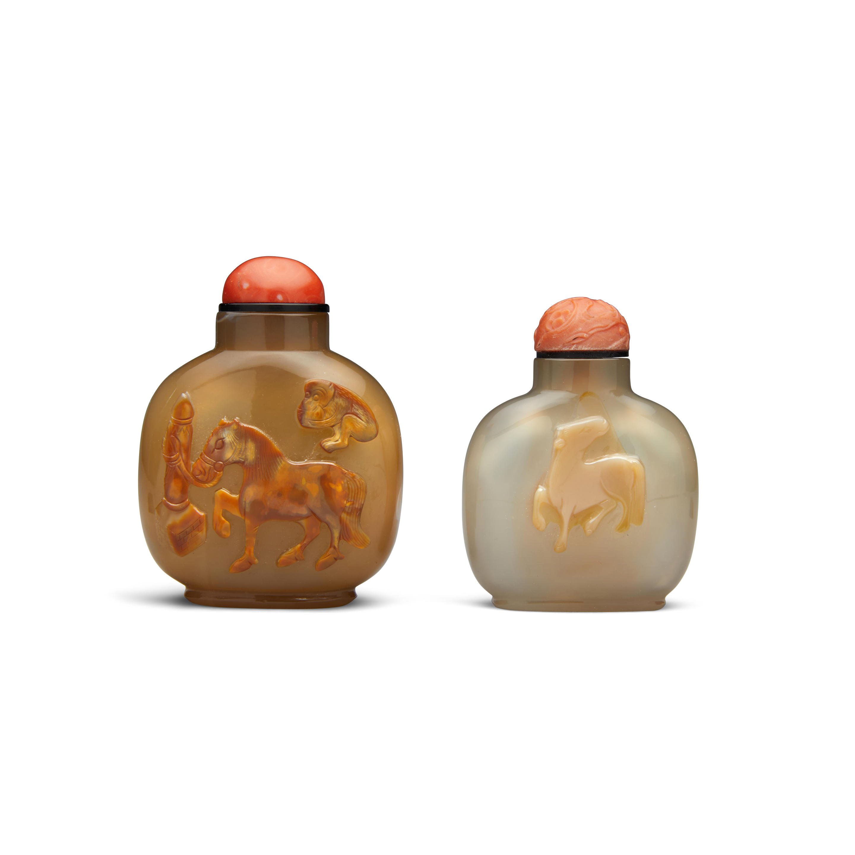 TWO CARVED AGATE HORSE AND MONKEY SNUFF BOTTLES 1750 1860