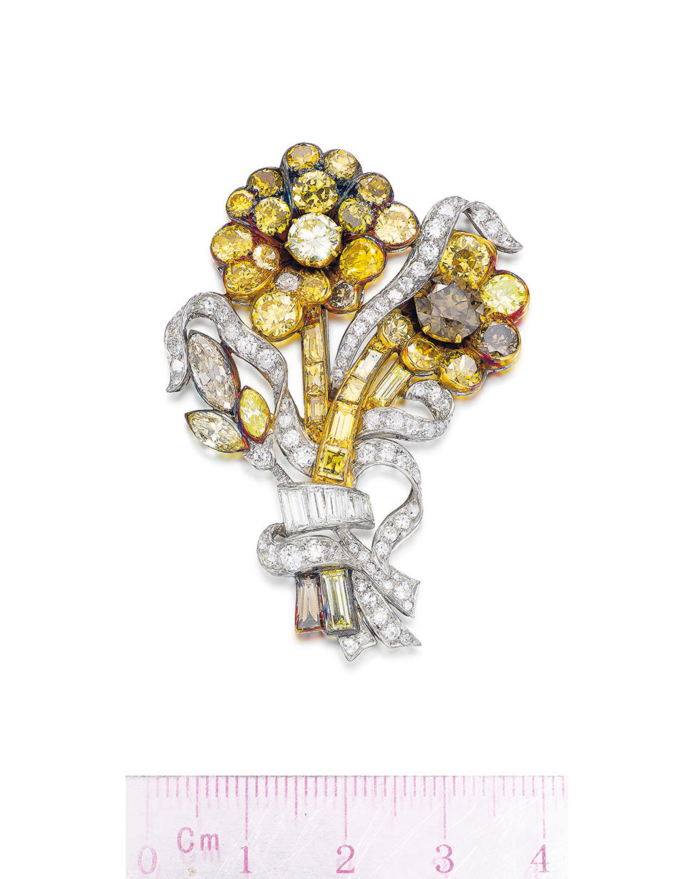 COLOURED DIAMOND AND DIAMOND FLORAL BROOCH Designed as a bouquet