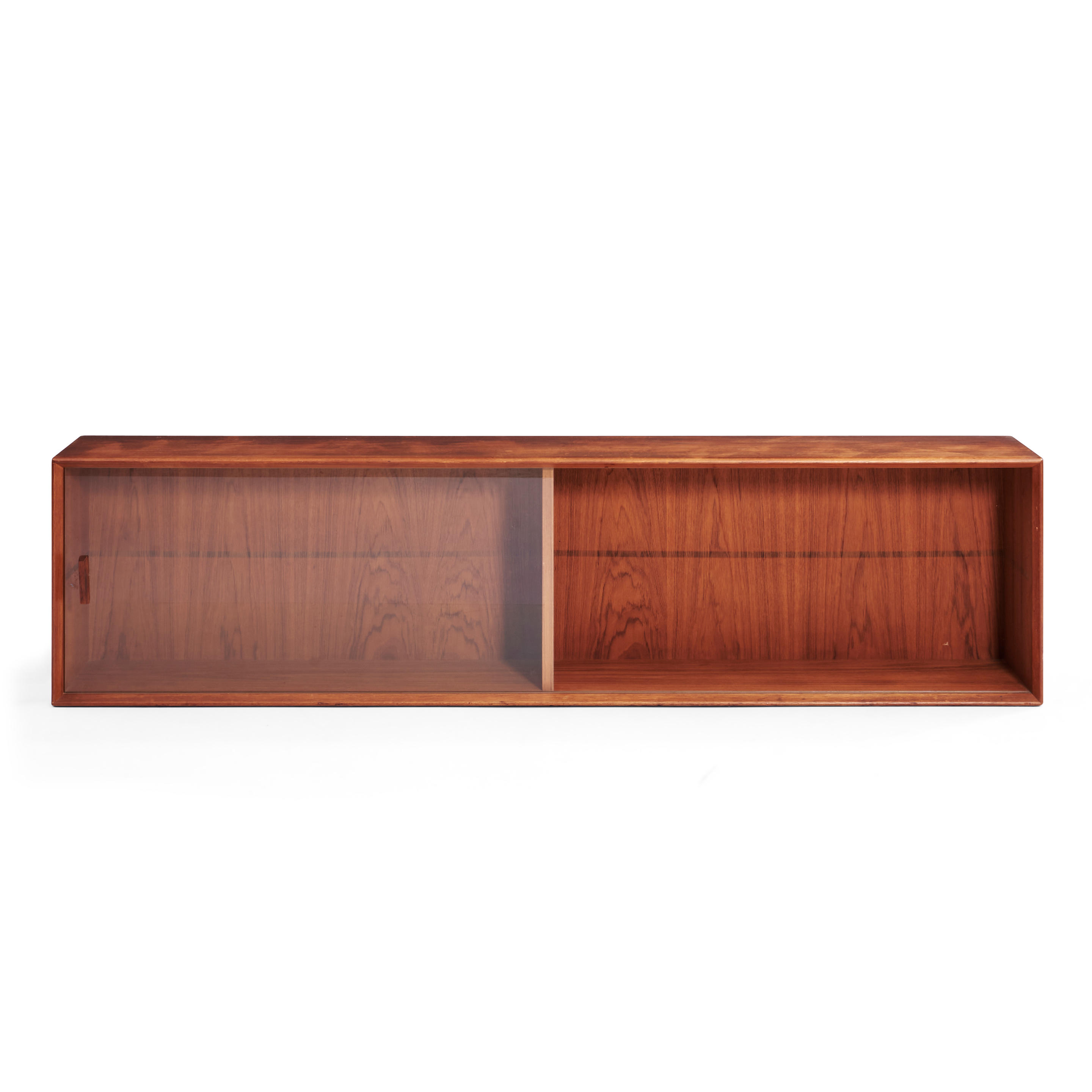 MID CENTURY MODERN HANGING TEAK CABINET c 1960 unmarked sliding