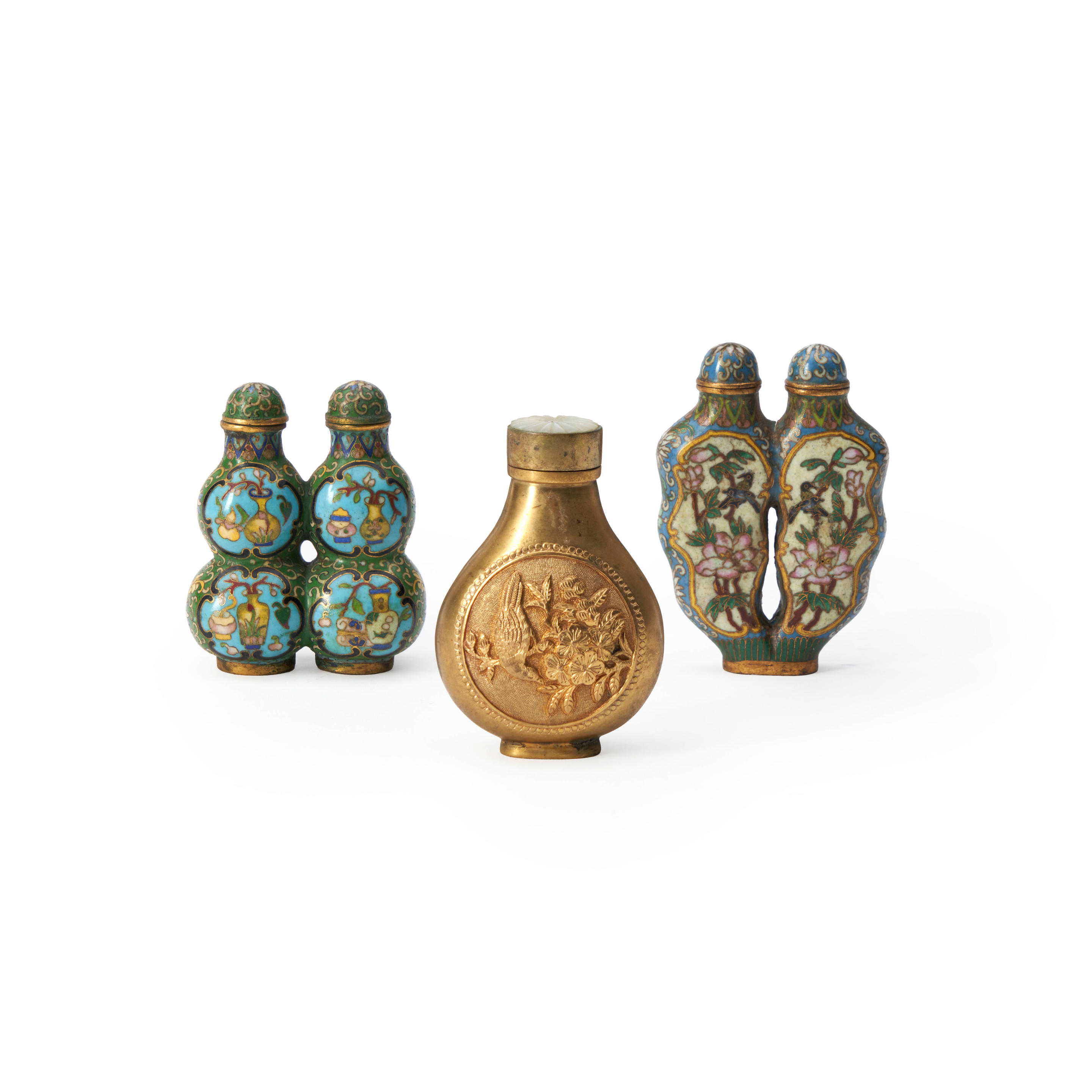 TWO CLOISONN DOUBLE VASE SNUFF BOTTLES AND A GILT METAL