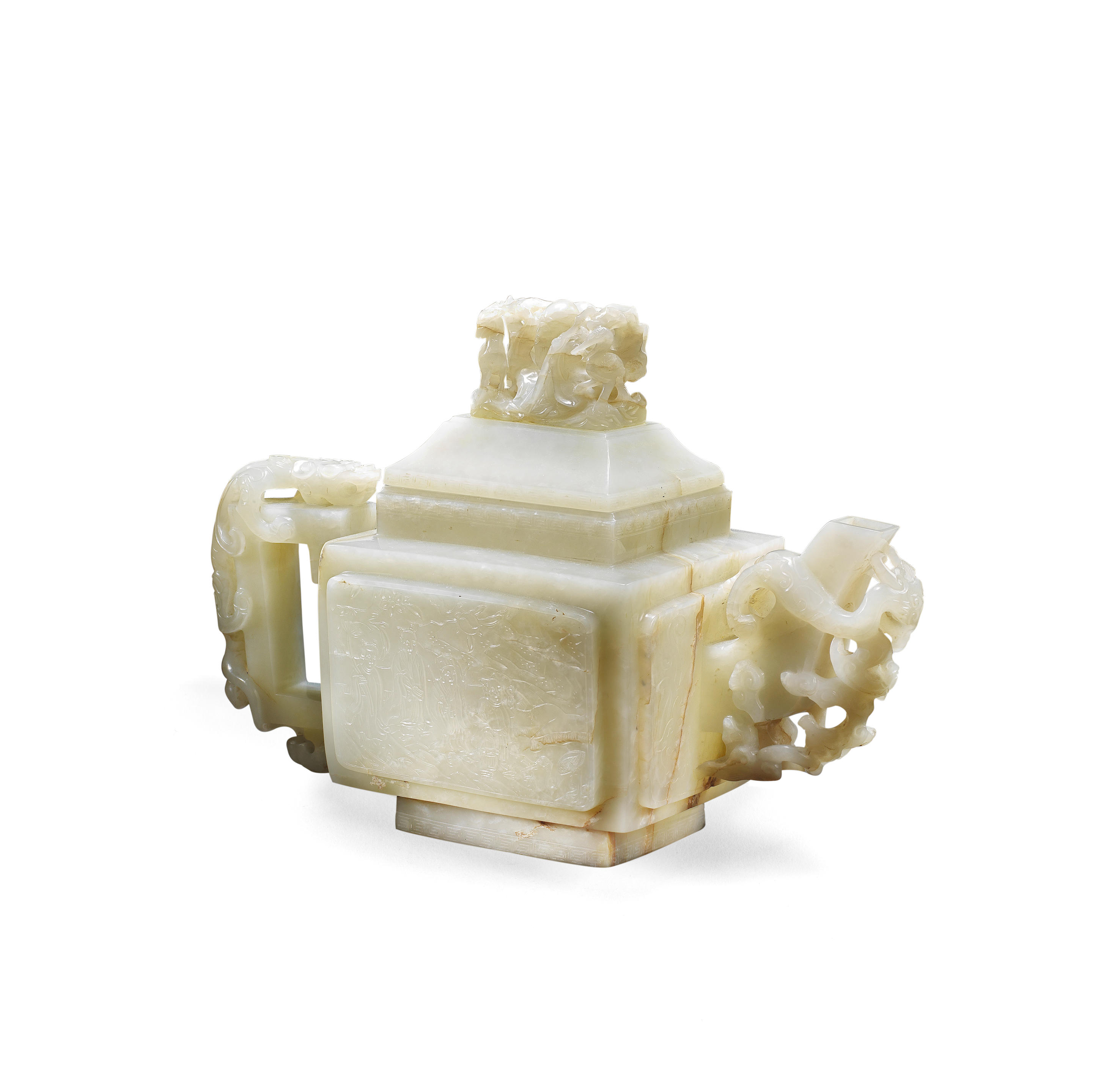 A LARGE PALE CELADON JADE EIGHT IMMORTALS TEAPOT AND COVER