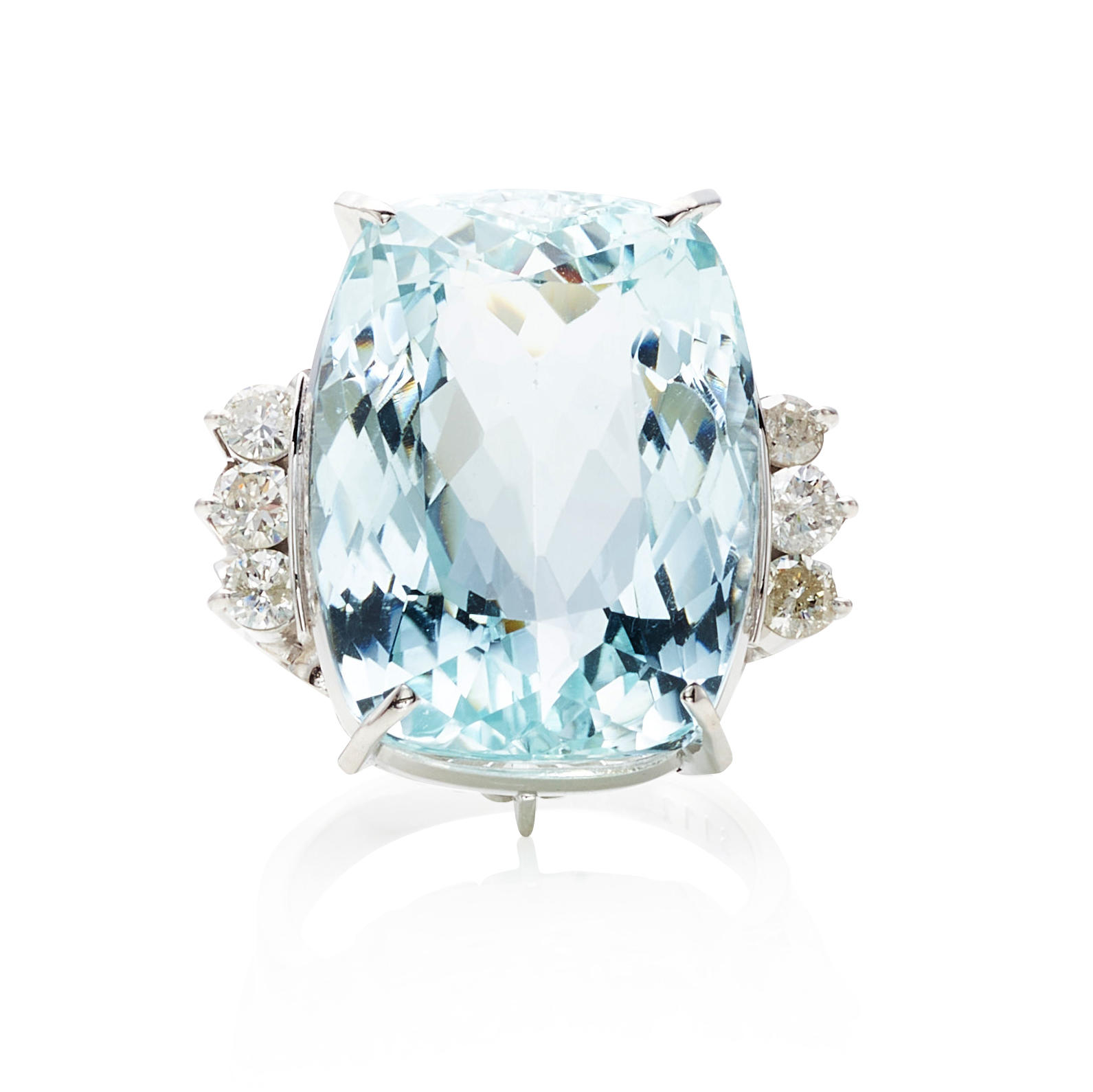 A PLATINUM AQUAMARINE AND DIAMOND RING Featuring a cushion cut
