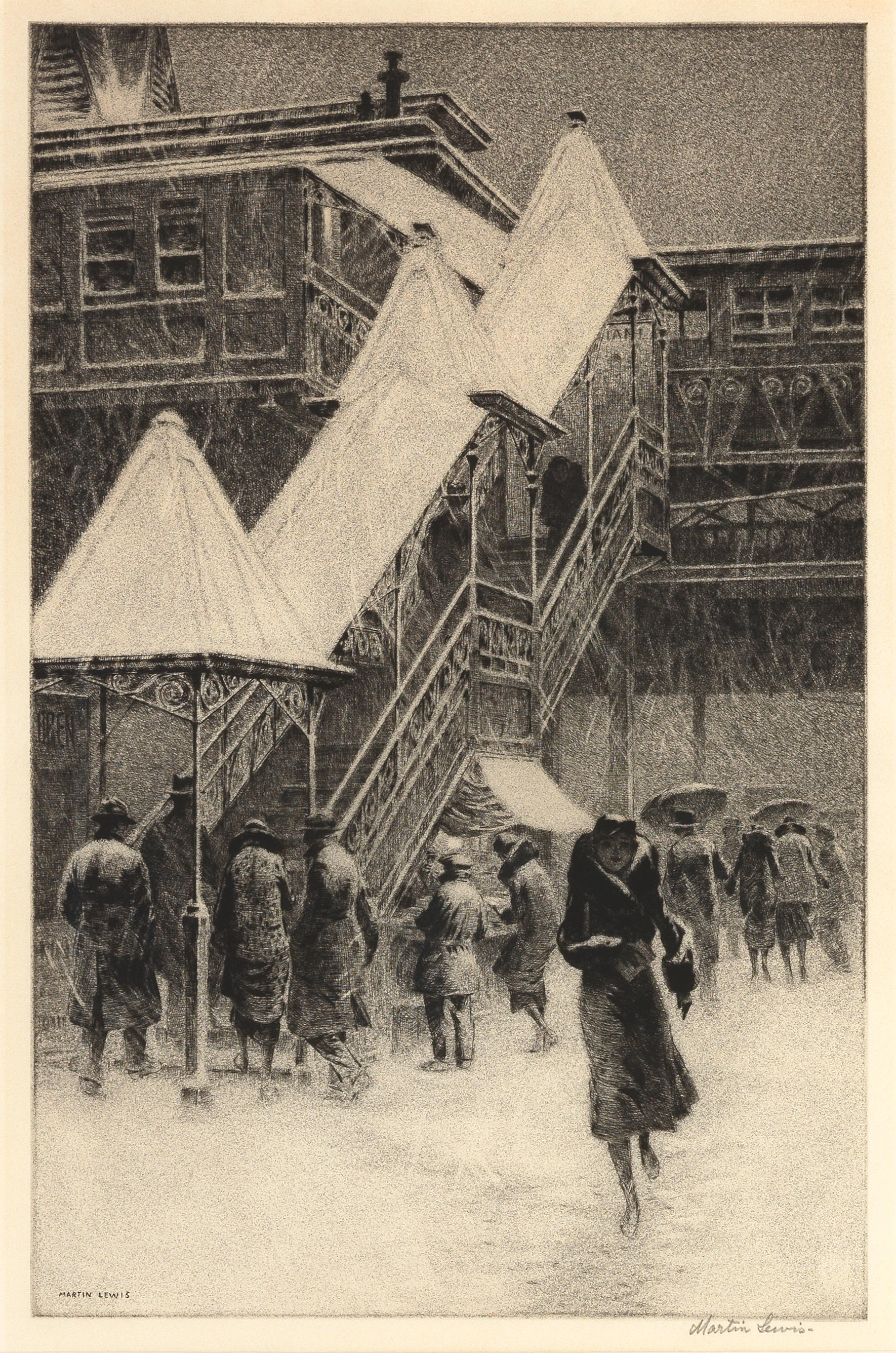MARTIN LEWIS AMERICAN 1881 1962 Snow on the El McCarron