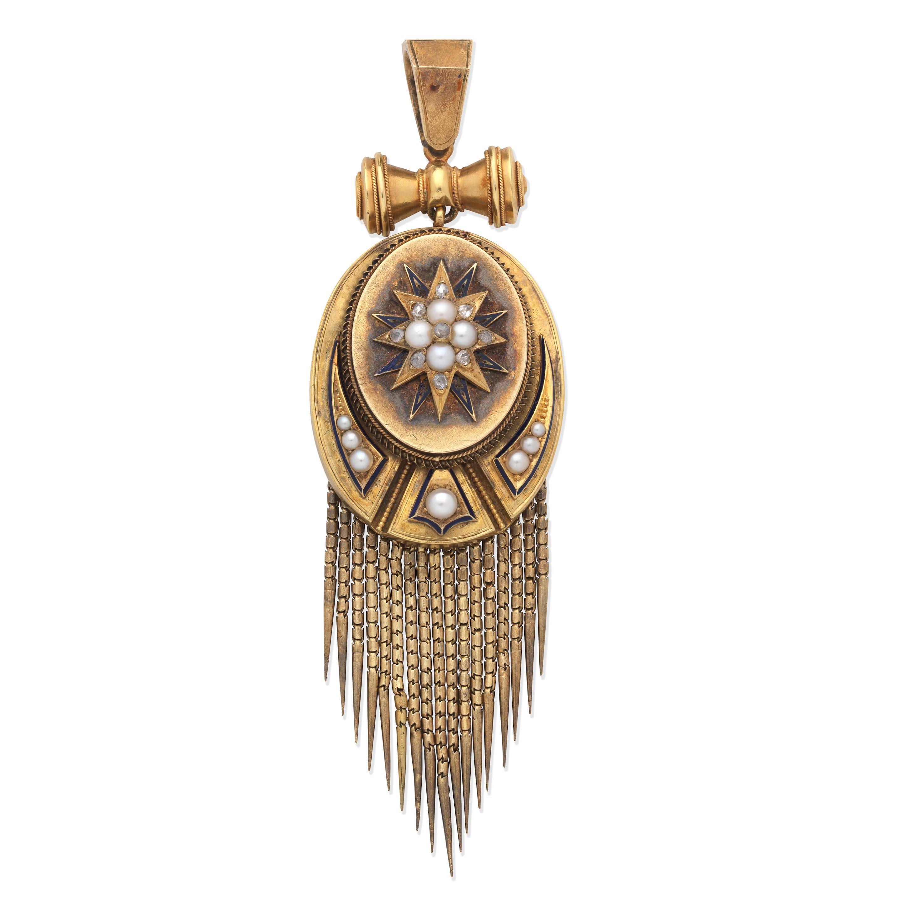 SEED PEARL DIAMOND AND ENAMEL PENDANT CIRCA 1850 The centre