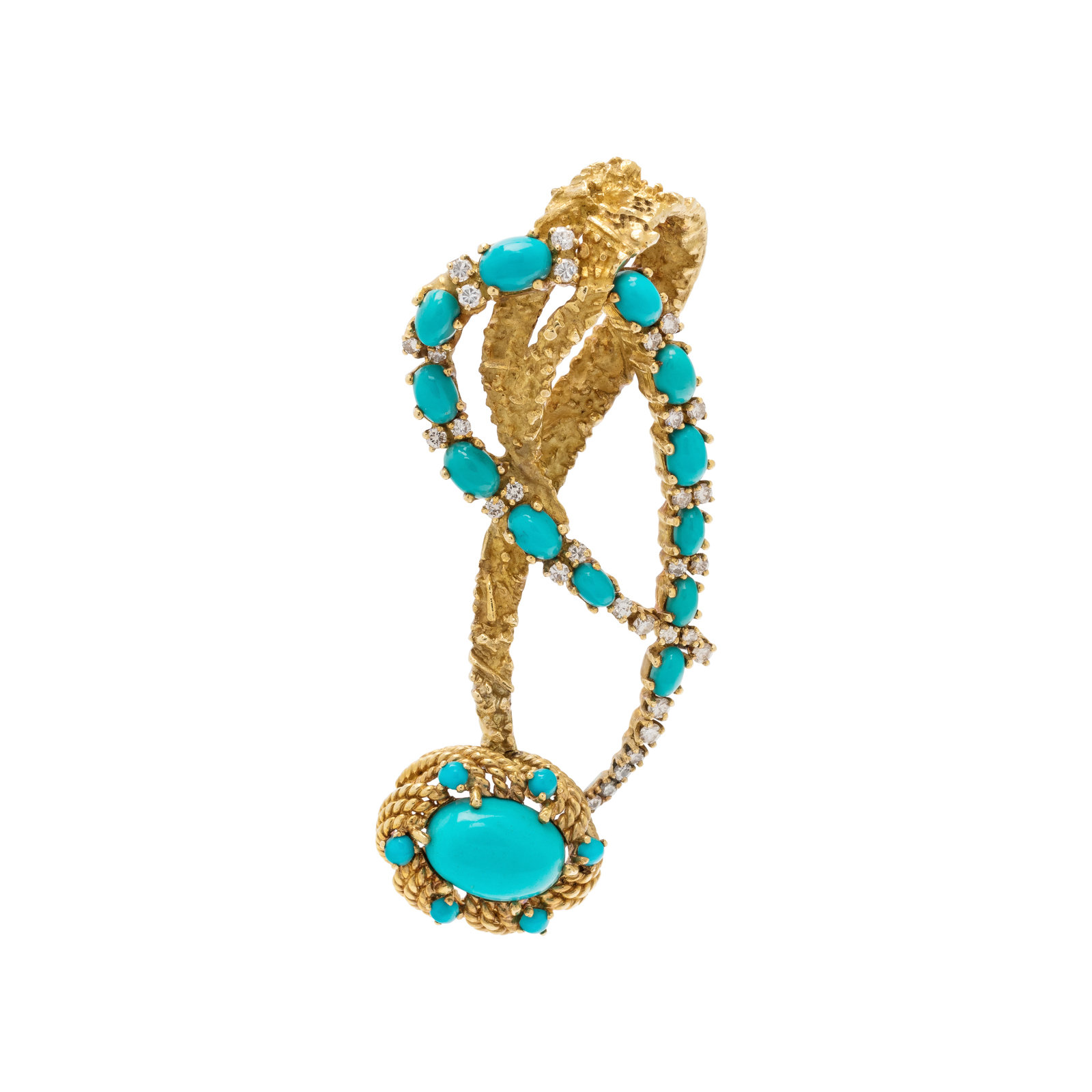 YELLOW GOLD TURQUOISE AND DIAMOND BROOCH Containing 13 oval and