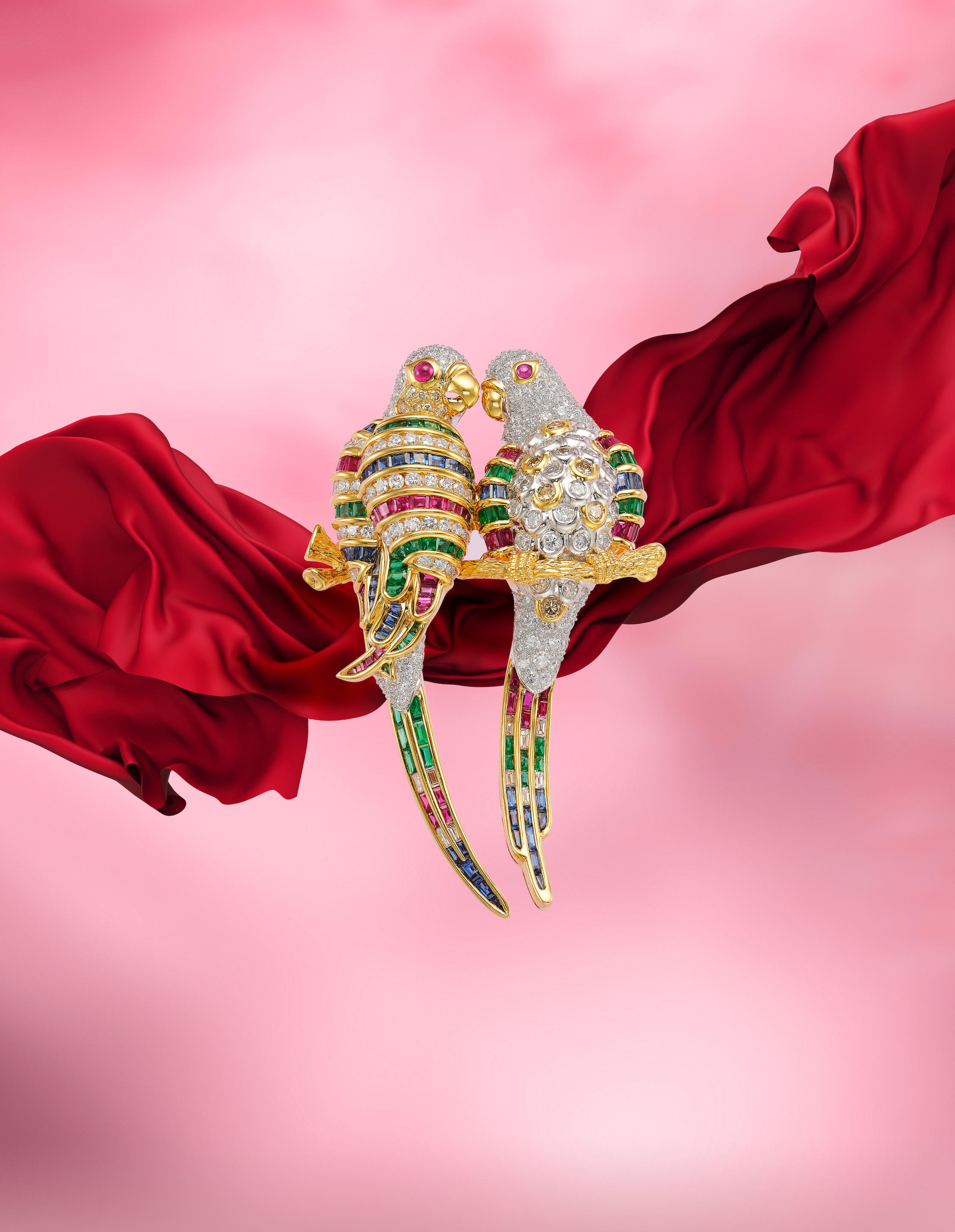 MULTI GEM AND DIAMOND LOVEBIRD BROOCH The brooch depicting lovebirds