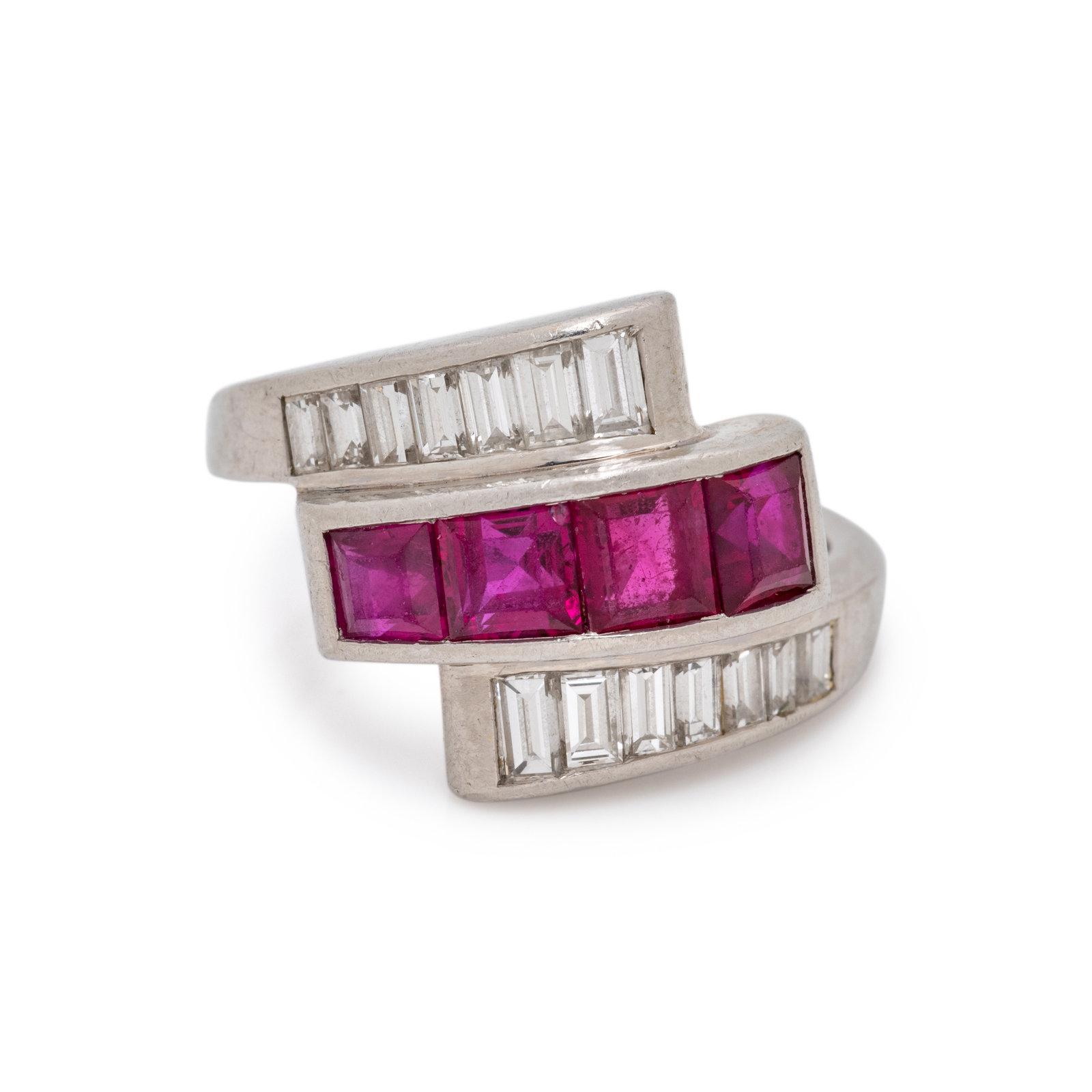 RUBY AND DIAMOND RING Containing four square step cut rubies
