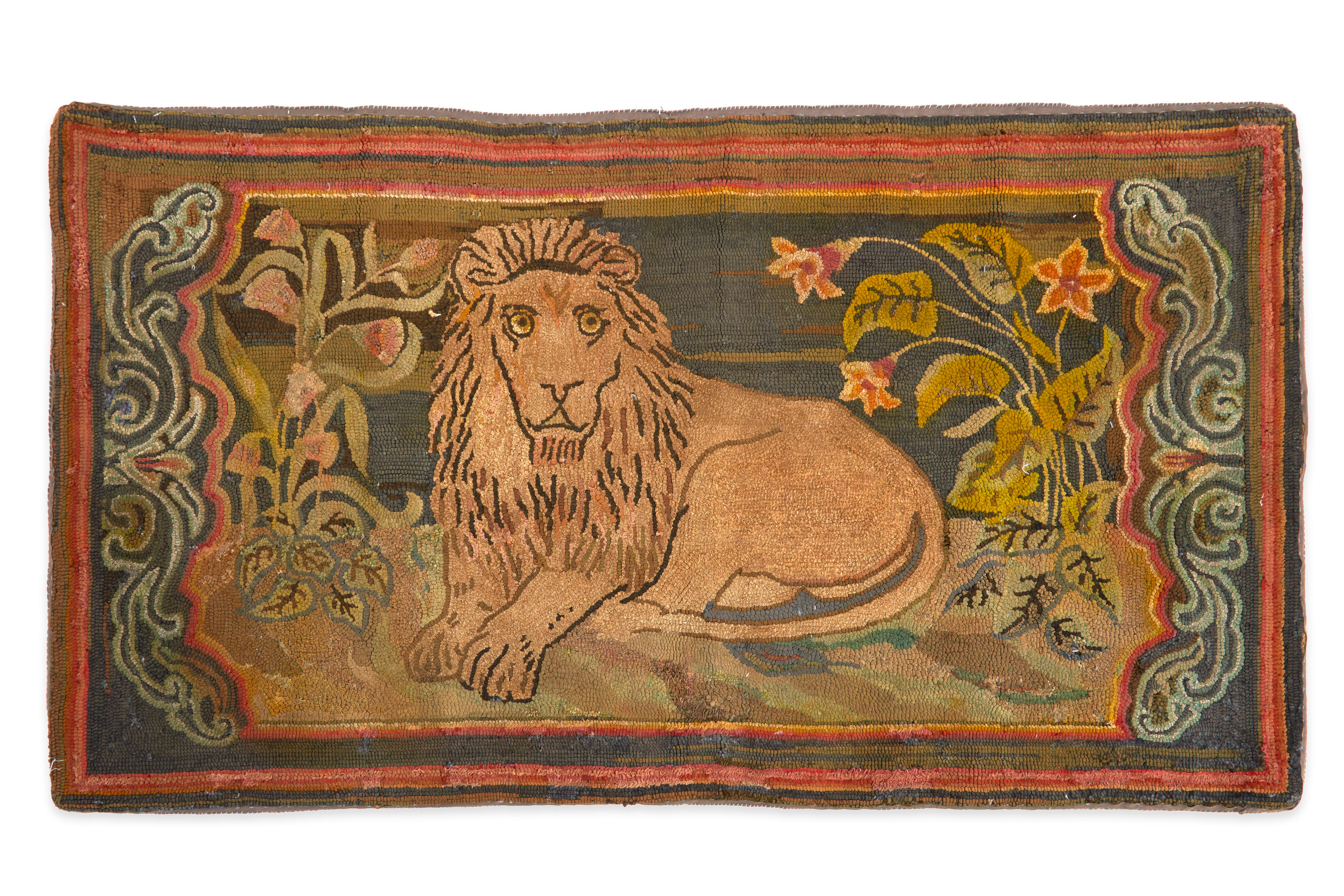 RECLINING LION HOOKED RUG Northeastern United States late 19th or