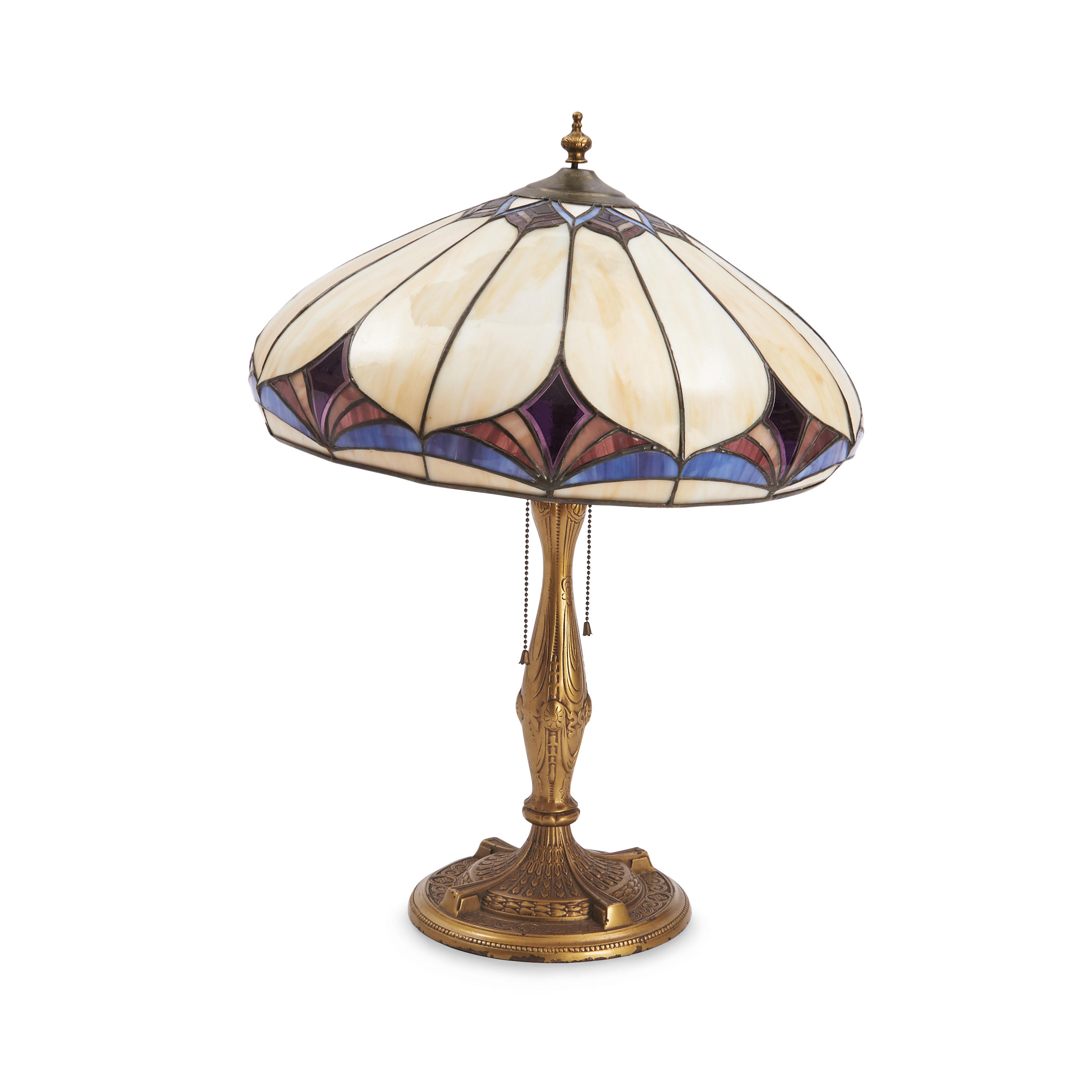 GILT METAL TABLE LAMP WITH LEADED GLASS SHADE ht 26
