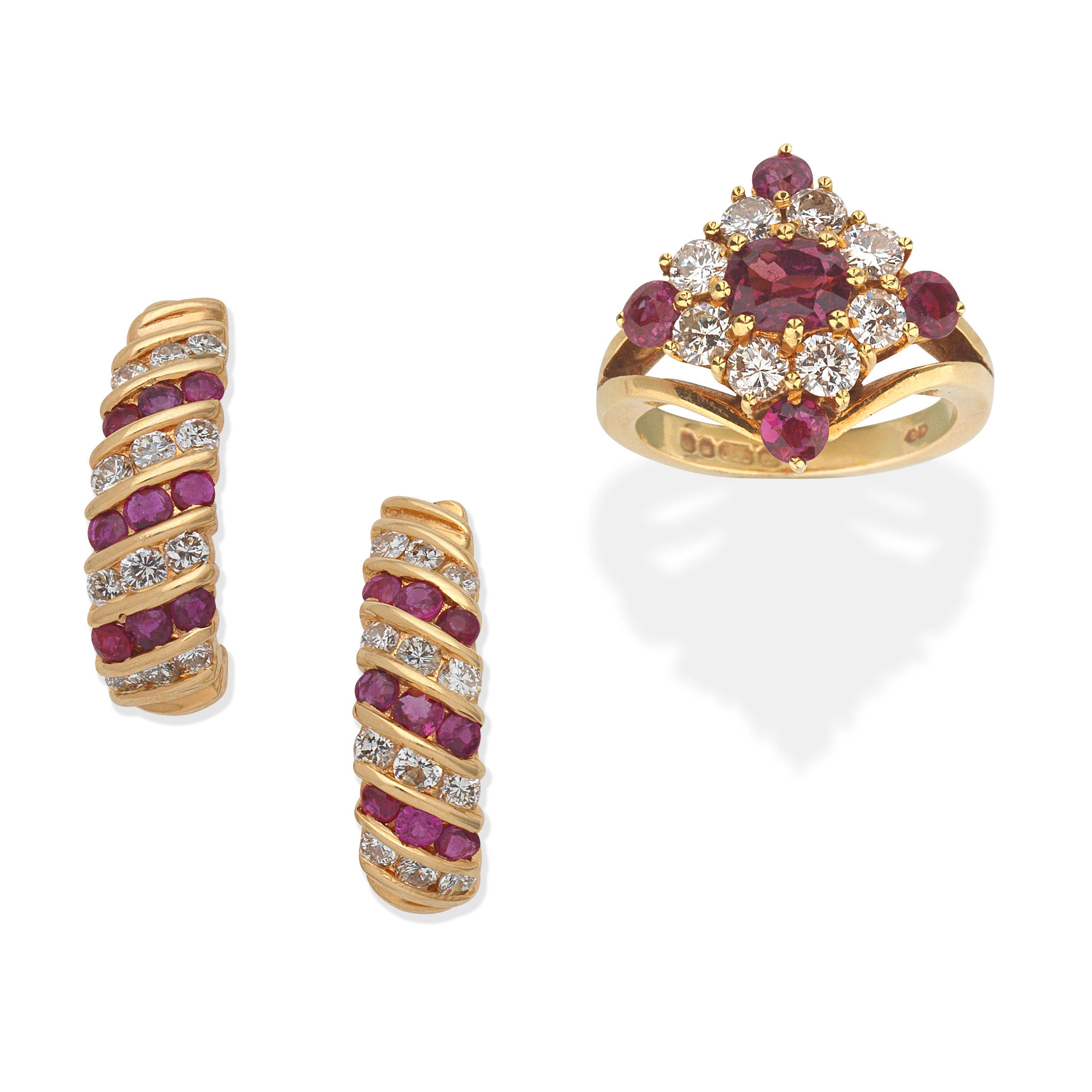RUBY AND DIAMOND RING AND EARRINGS 1st 1978 oval and