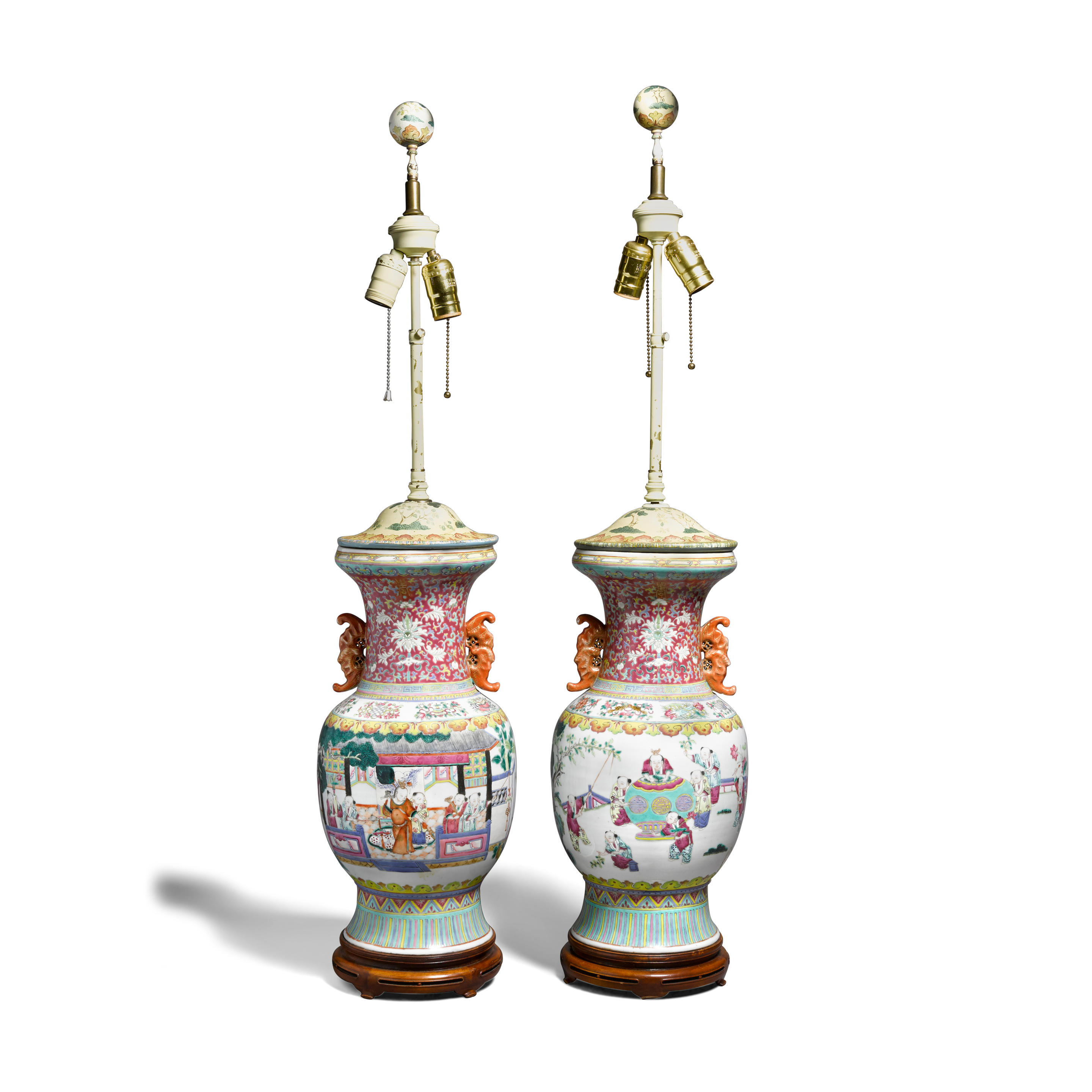 A PAIR OF LARGE FAMILLE ROSE VASES NOW MOUNTED AS