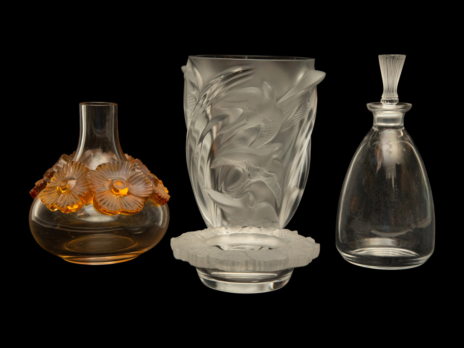 Four Lalique Glass Articles 20th Century comprising a Martinets vase