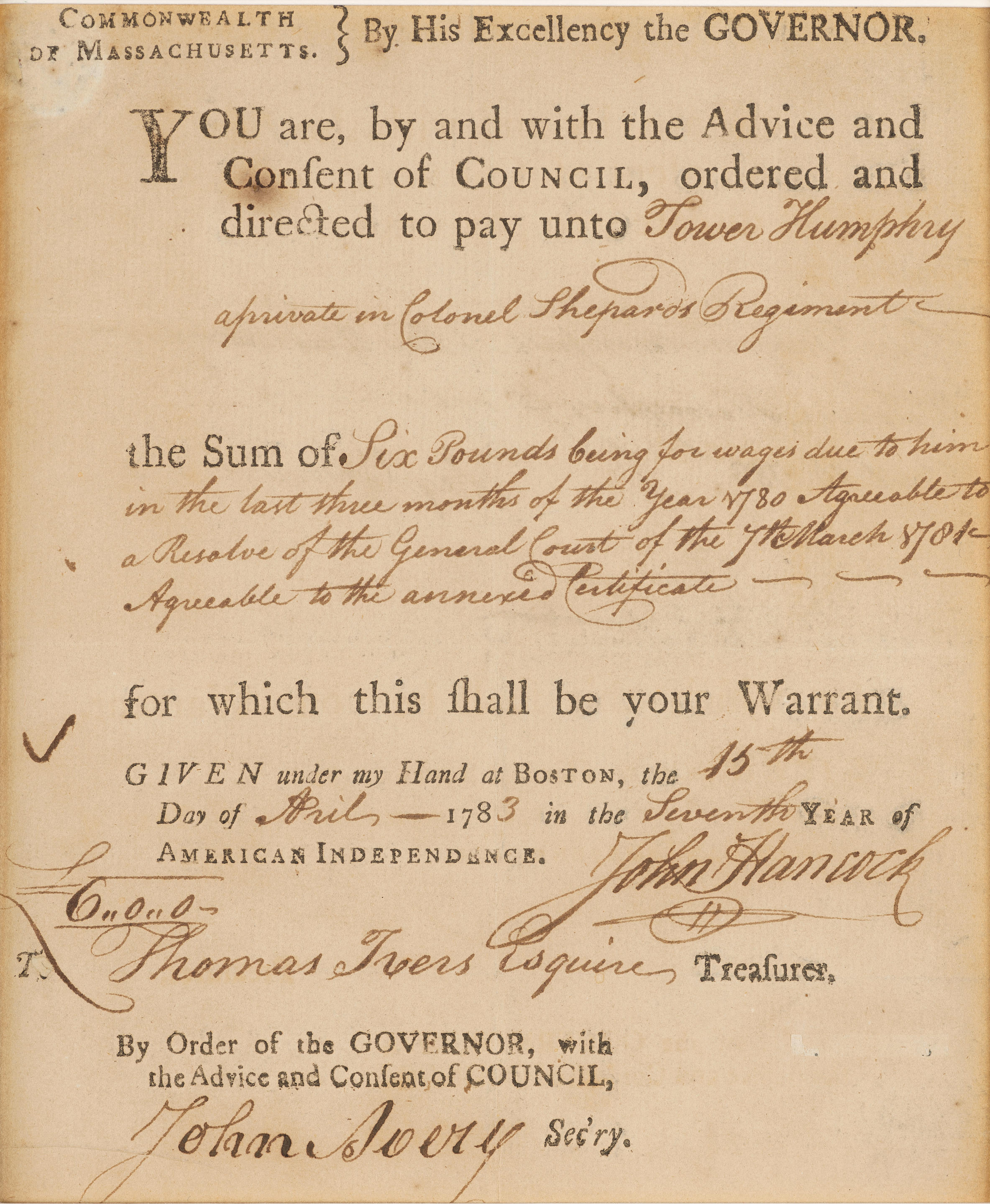 HANCOCK JOHN 1737 1793 Document Signed John Hancock a pay
