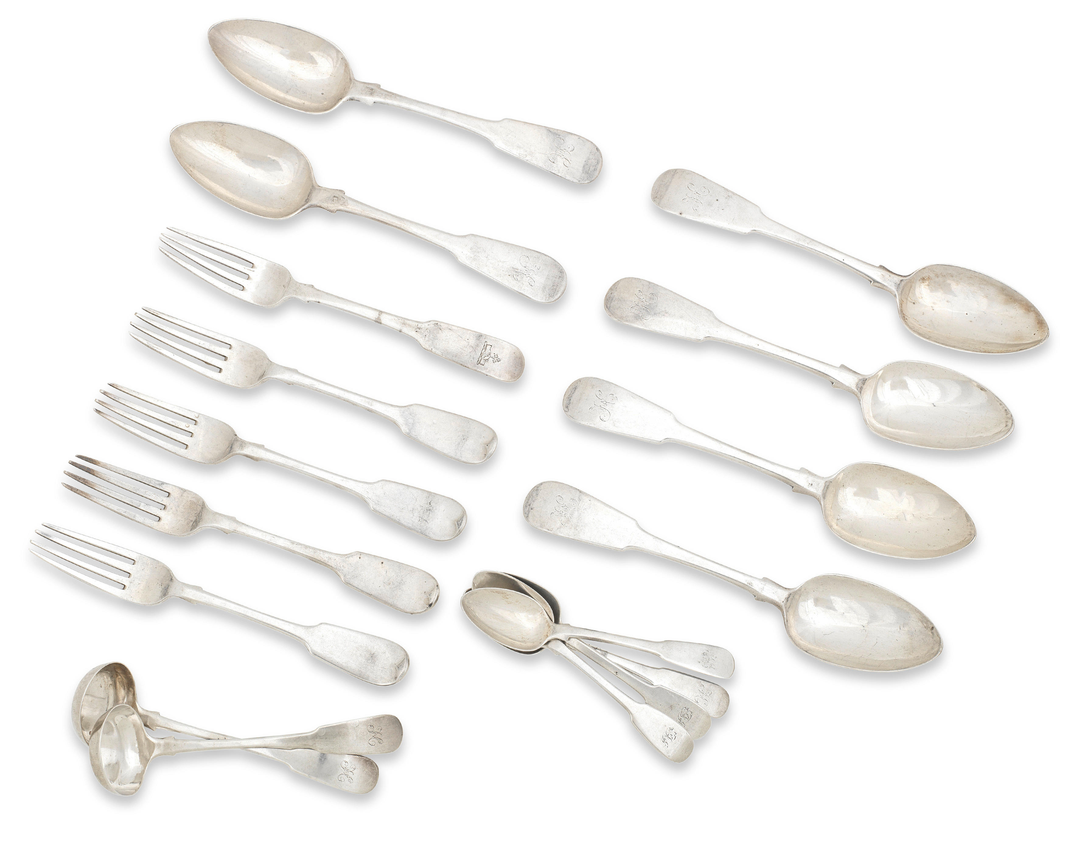 A COLLECTION OF GEORGIAN FIDDLE PATTERN FLATWARE Various Edinburgh makers