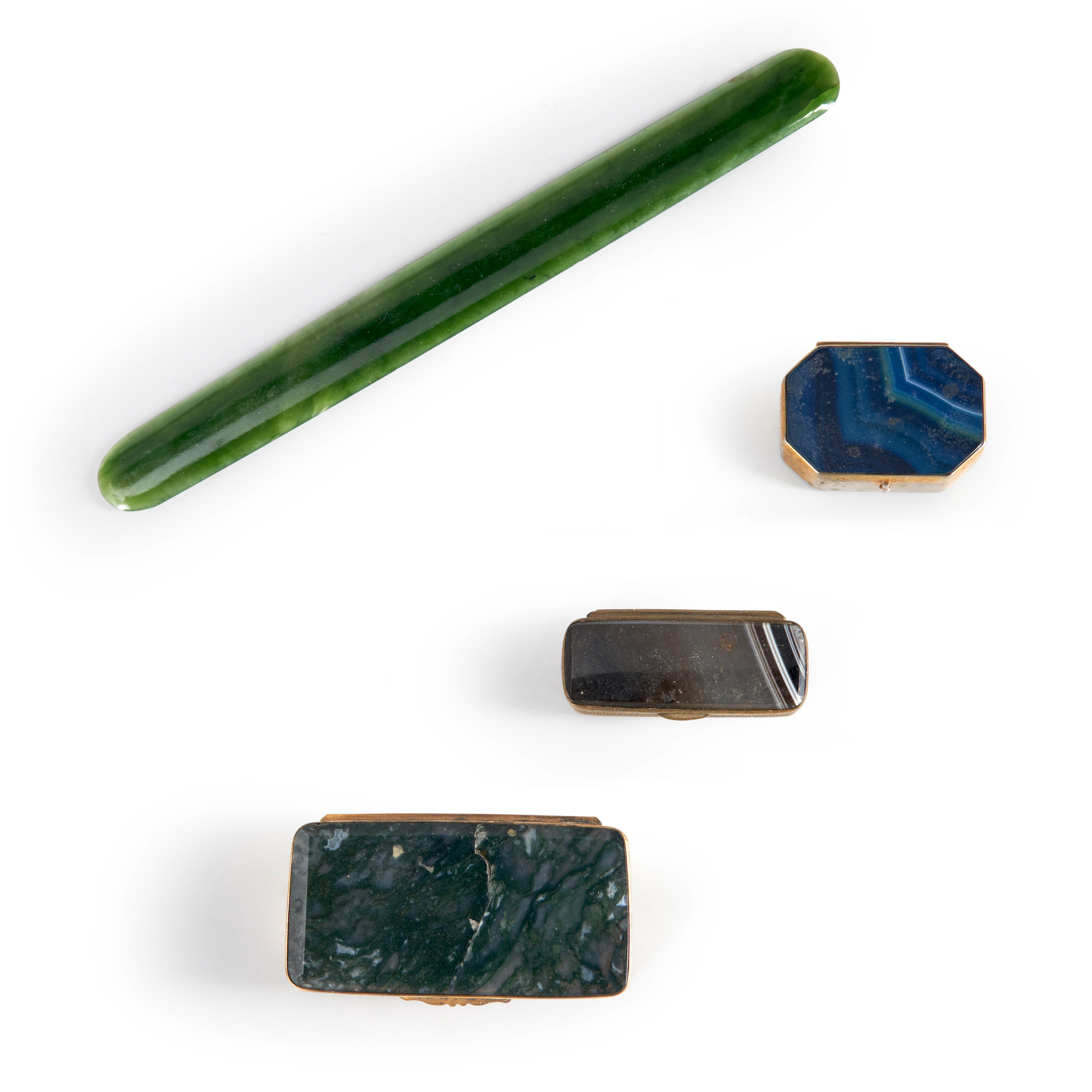 THREE HARDSTONE SNUFF BOXES A JADE LETTER OPENER AND ASPREY