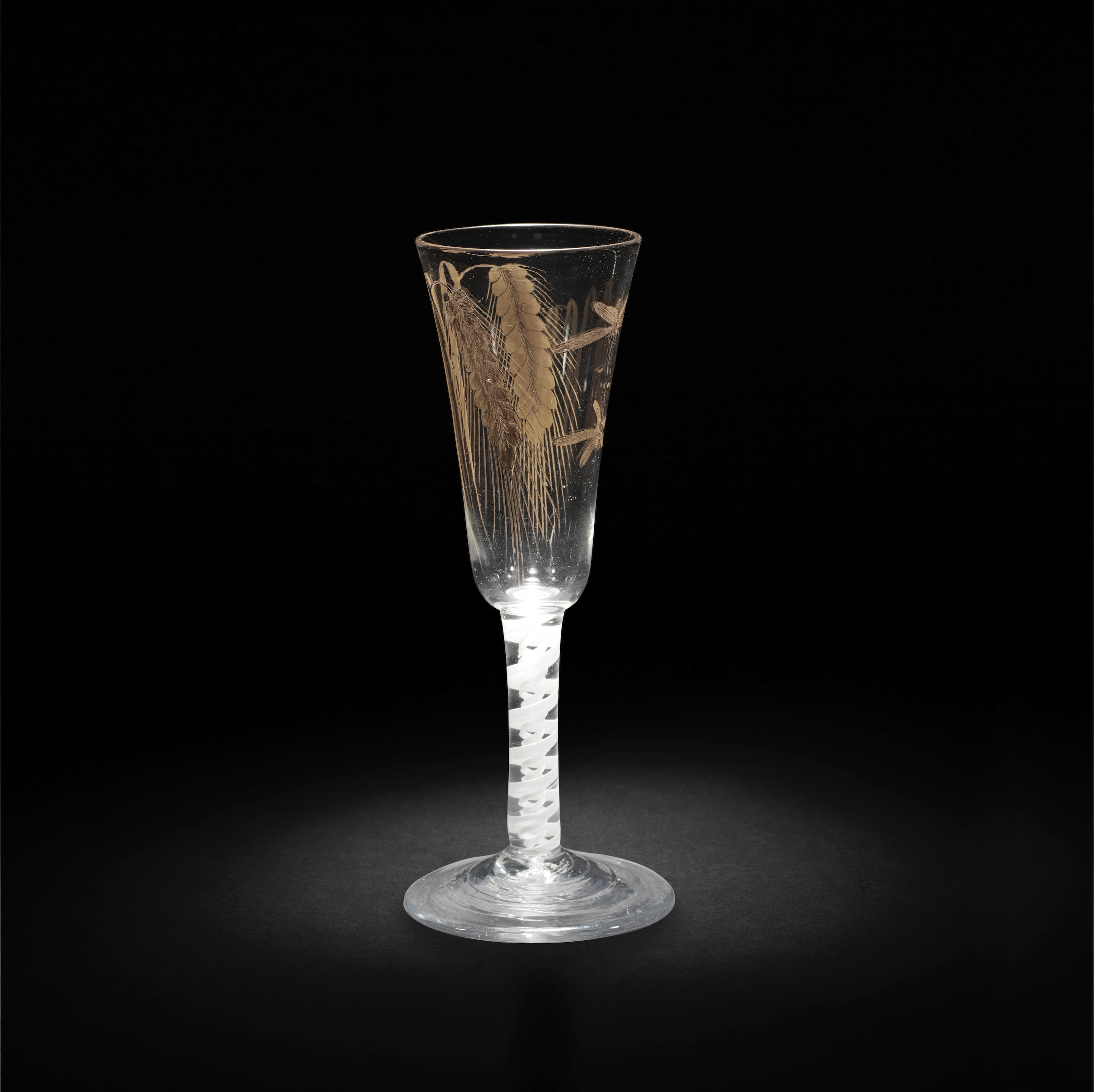 A GILES GILDED OPAQUE TWIST ALE GLASS CIRCA 1765 70