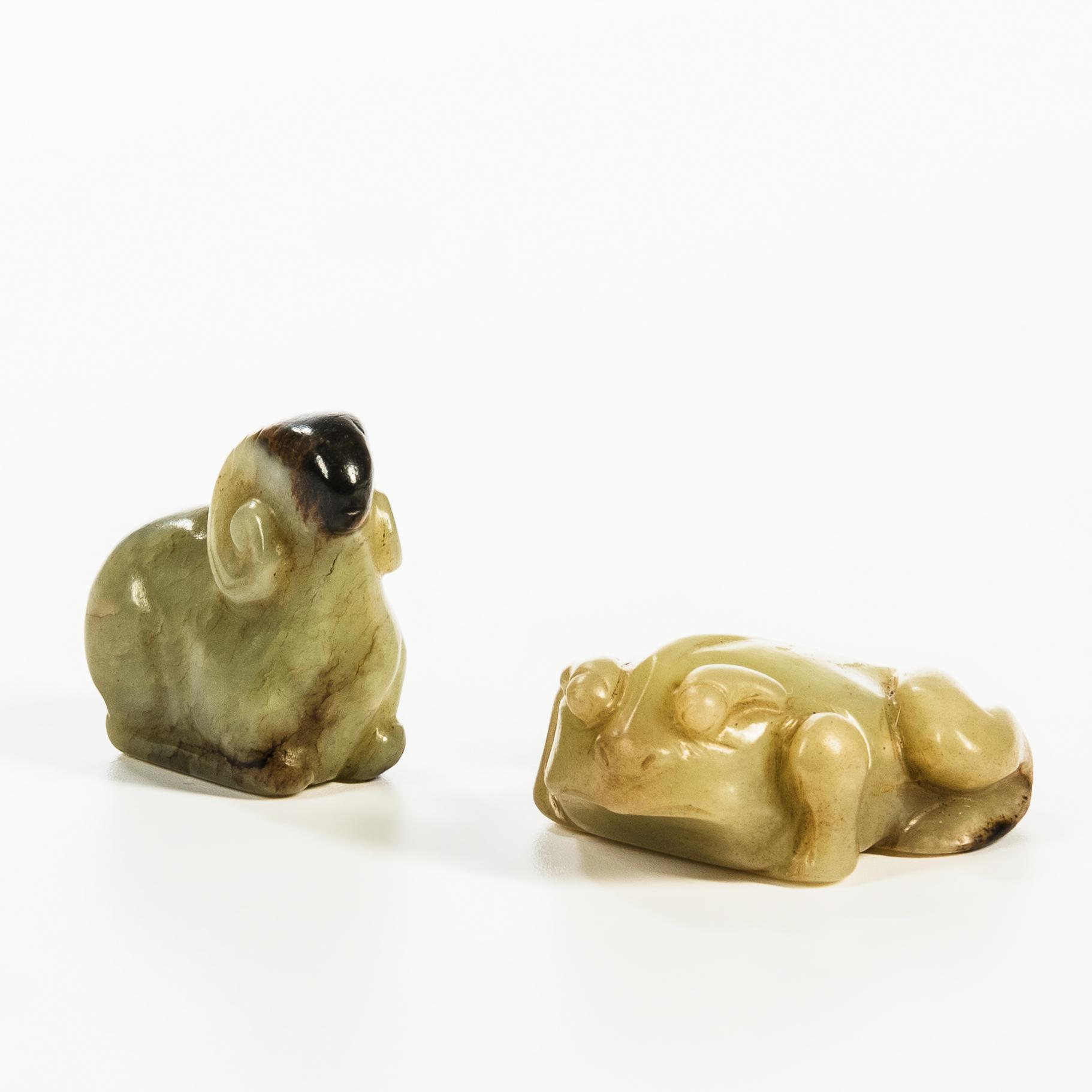 TWO JADE CARVINGS OF A RAM AND A TOAD China