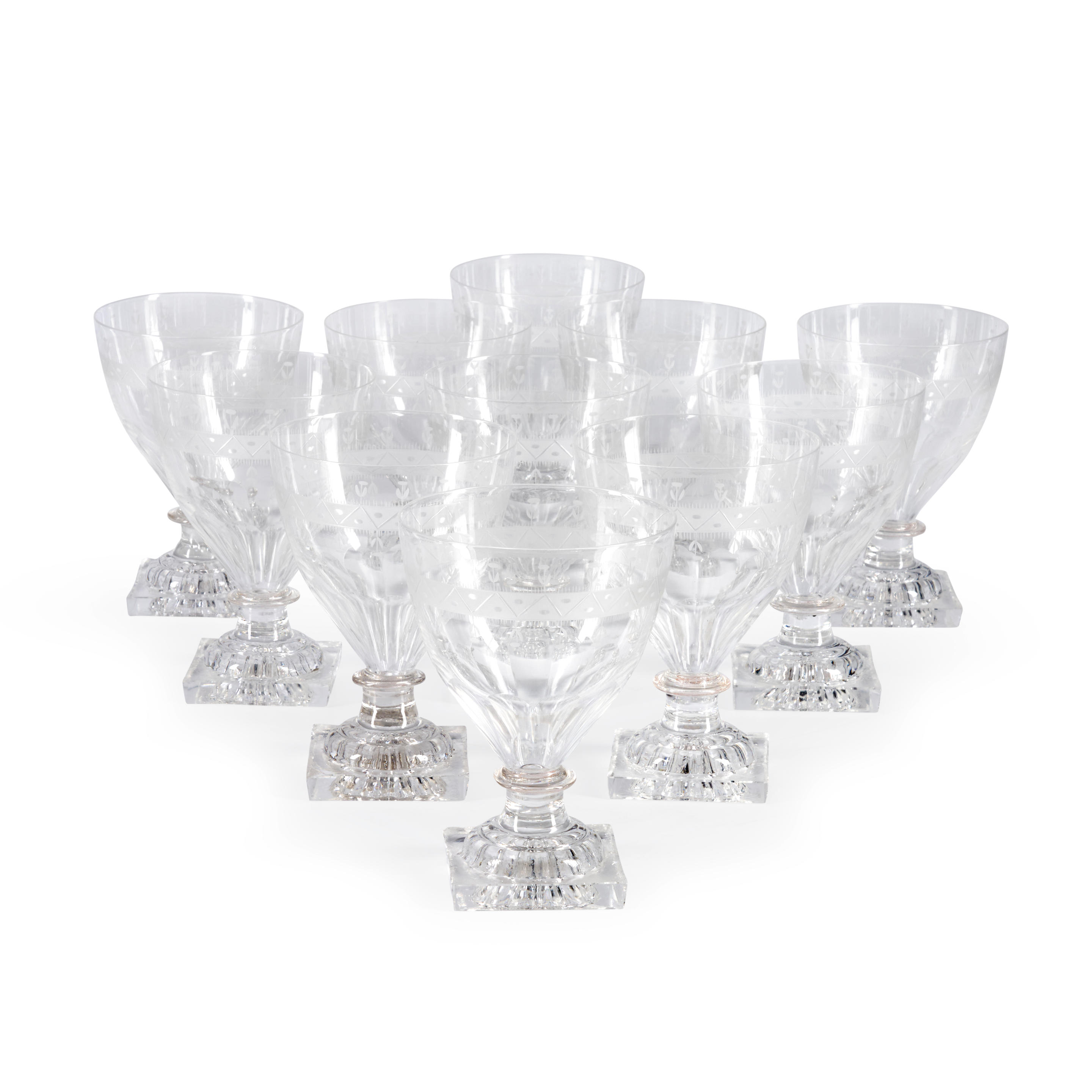 SET OF ELEVEN ETCHED DRINKING GLASSES each with border of