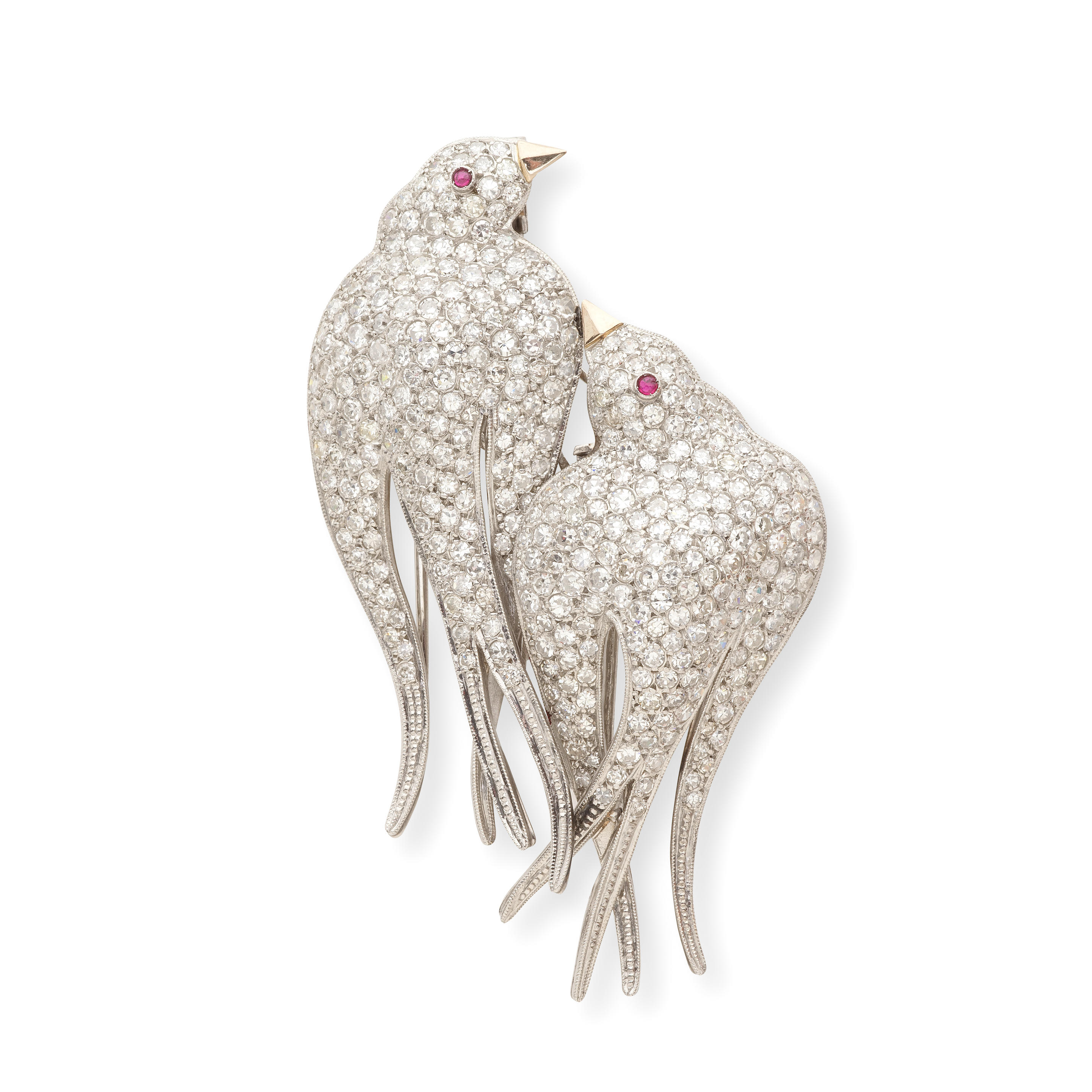 DOUBLE CLIP BROCHE HIRONDELLES RUBIS ET DIAMANTS Formant deux hirondelles
