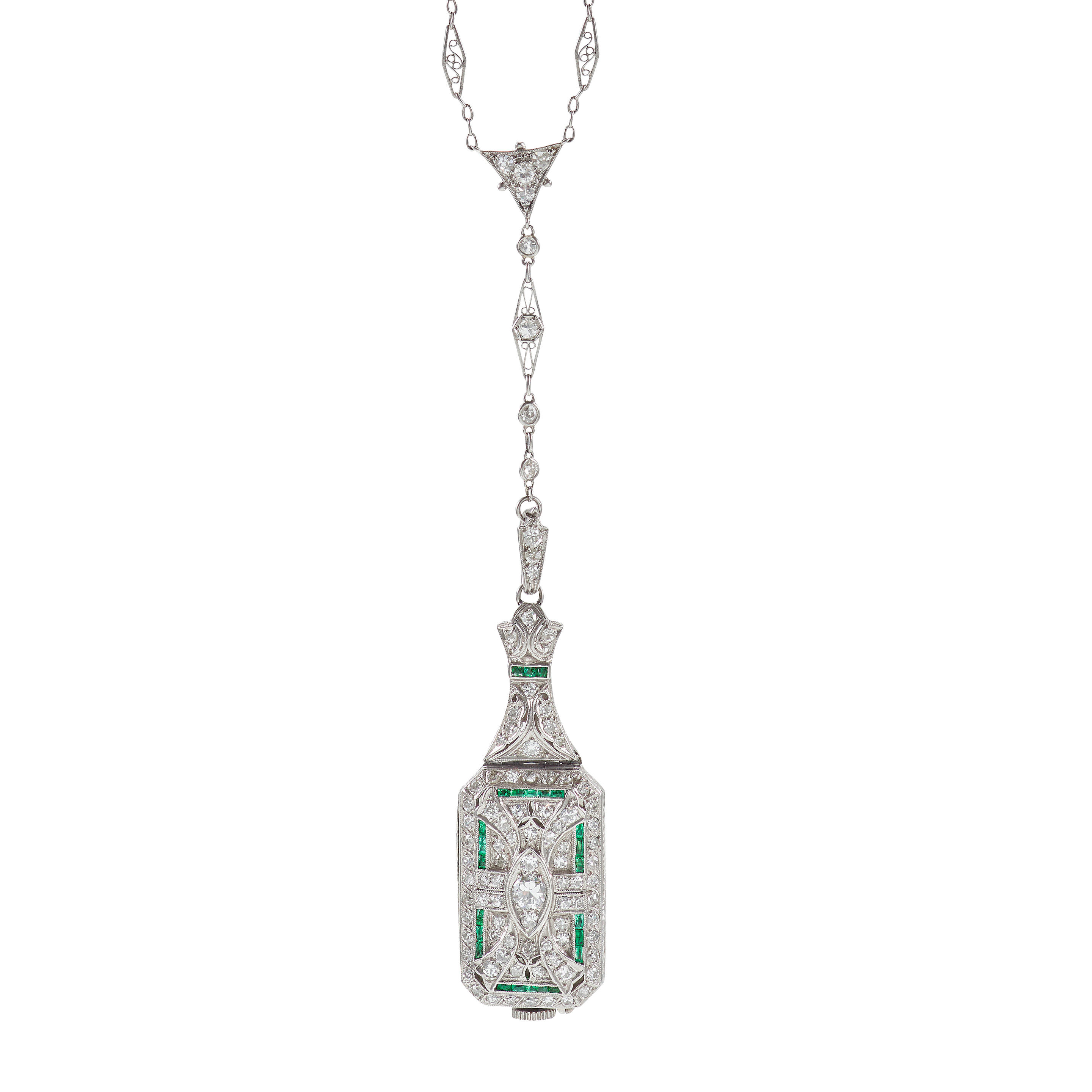 AN ART DECO DIAMOND AND EMERALD WATCH PENDANT NECKLACE CIRCA