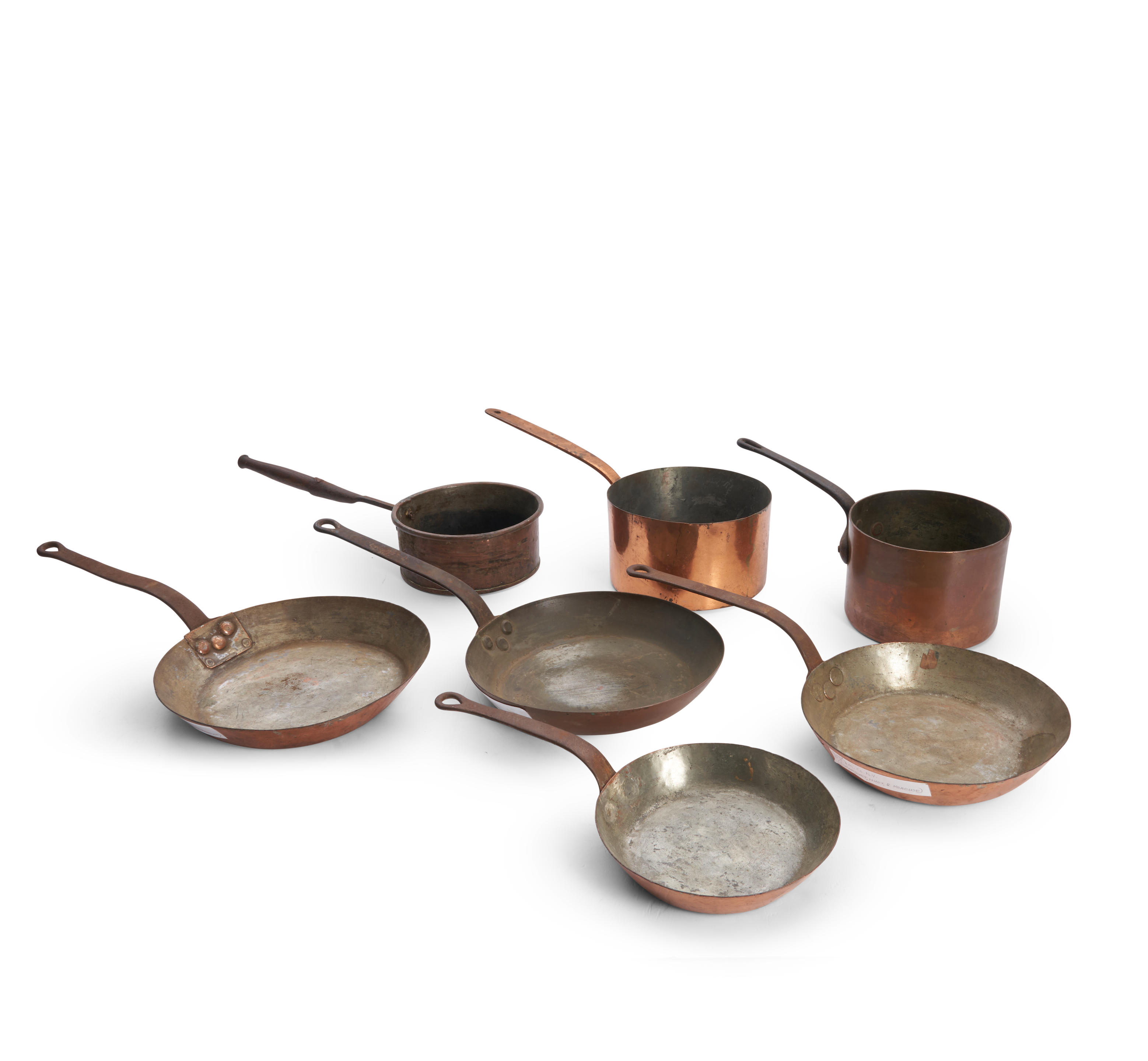 SEVEN COPPER POTS AND PANS mostly New York late 19th