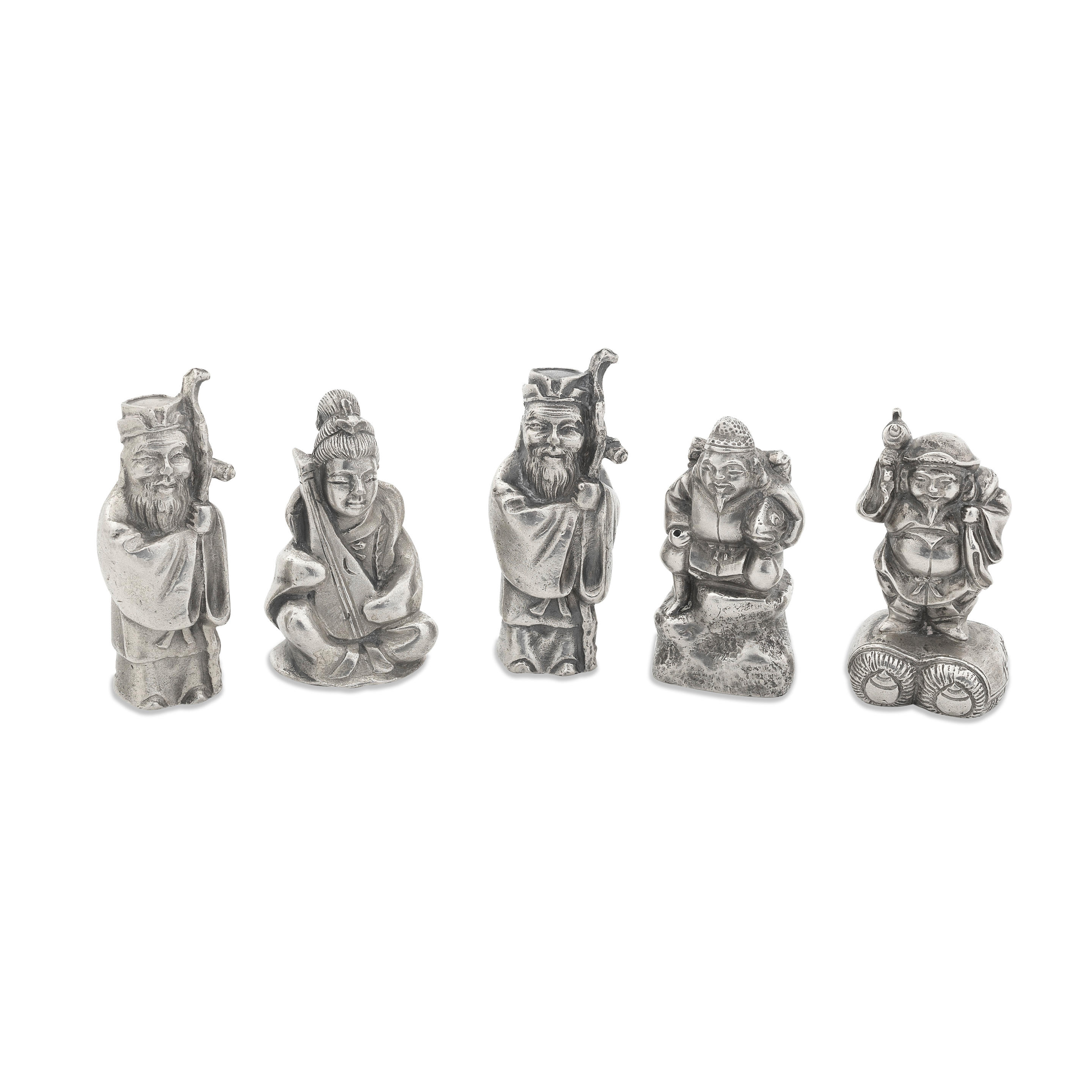 FIVE CHINESE SILVER IMMORTAL FIGURAL SCROLL WEIGHTS Chinese character marks