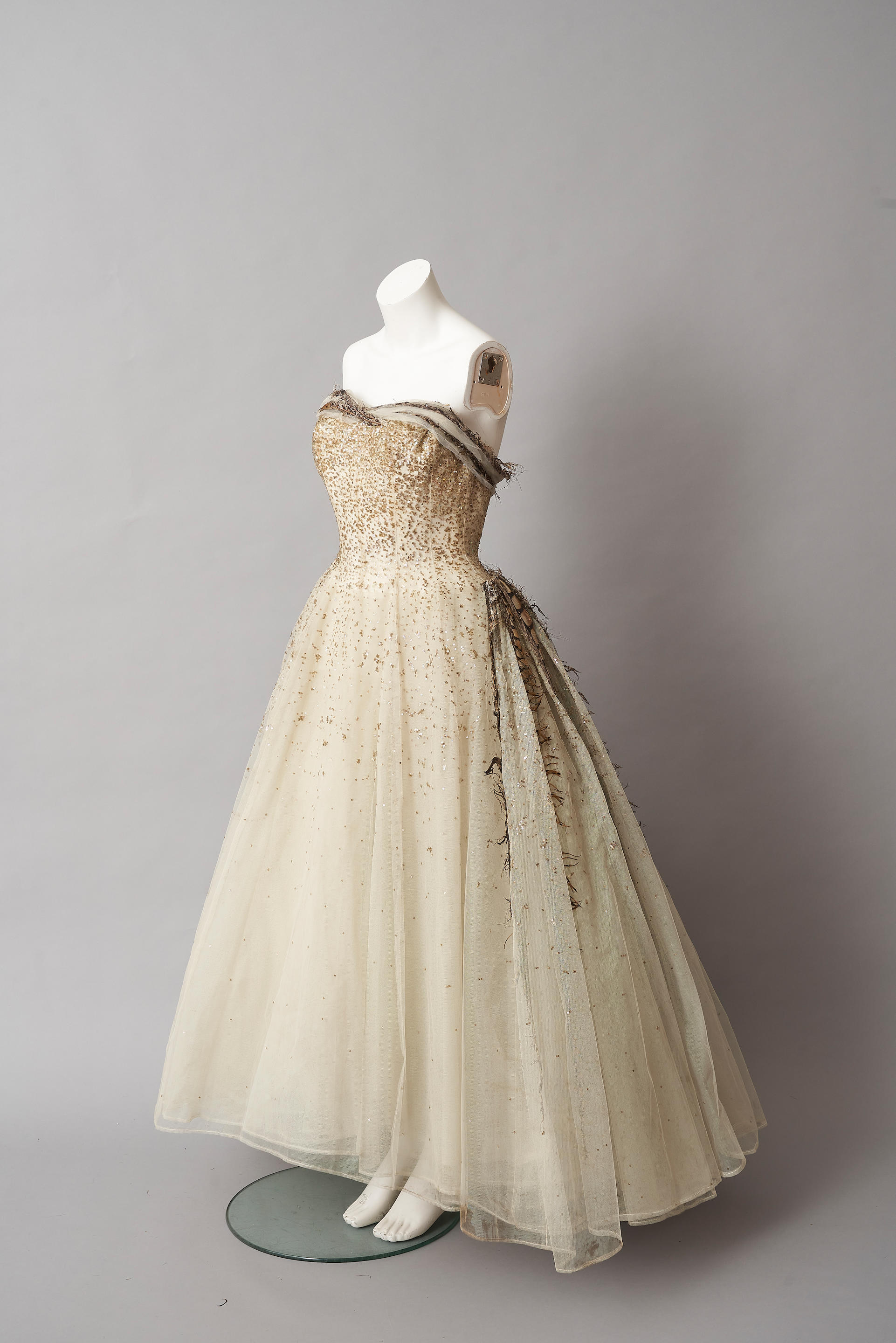 PIERRE BALMAIN THE PEACOCK GOWN Painted white nylon tulle debutant