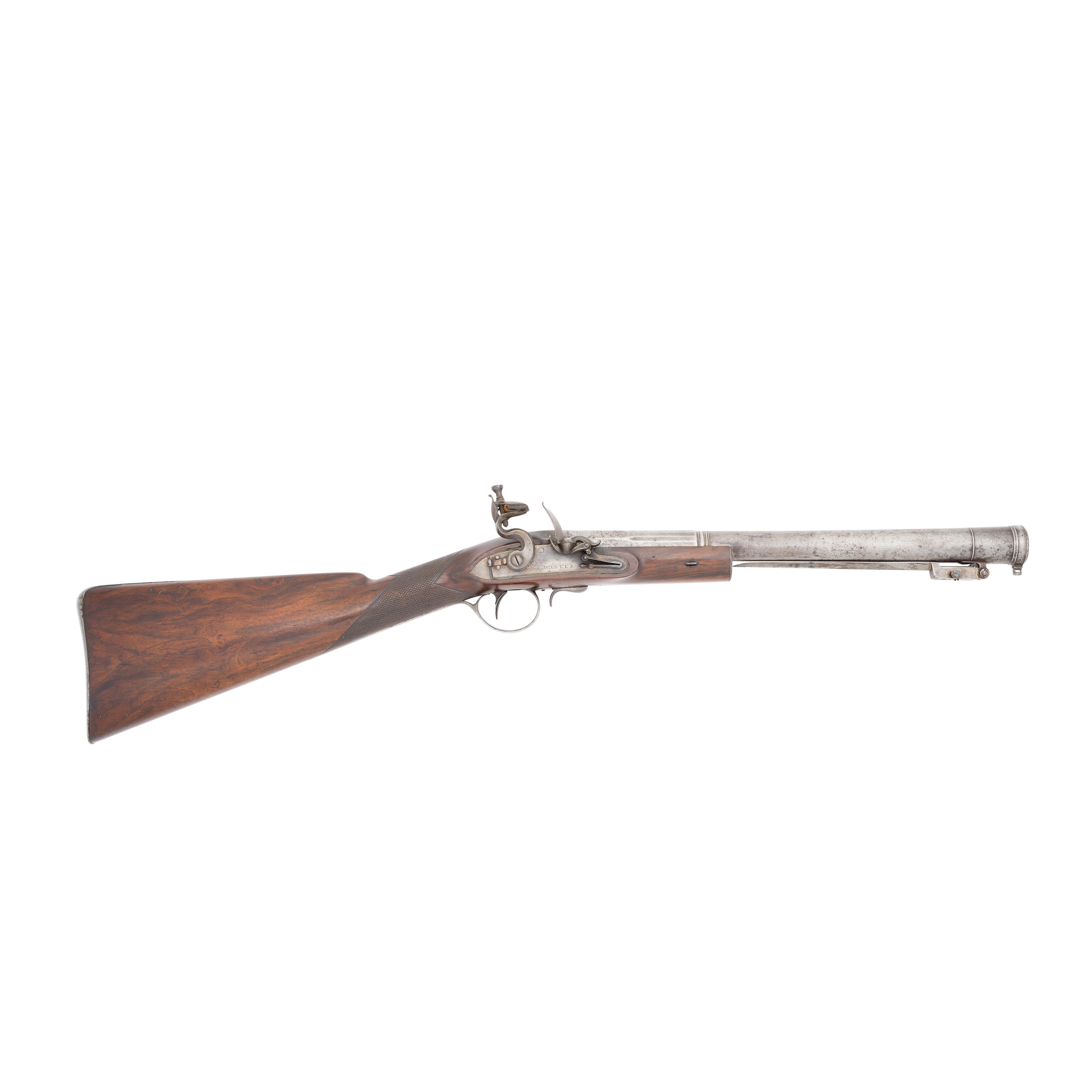 A FLINTLOCK BLUNDERBUSS WITH SPRING BAYONET MOUNTED BENEATH BY WALKER