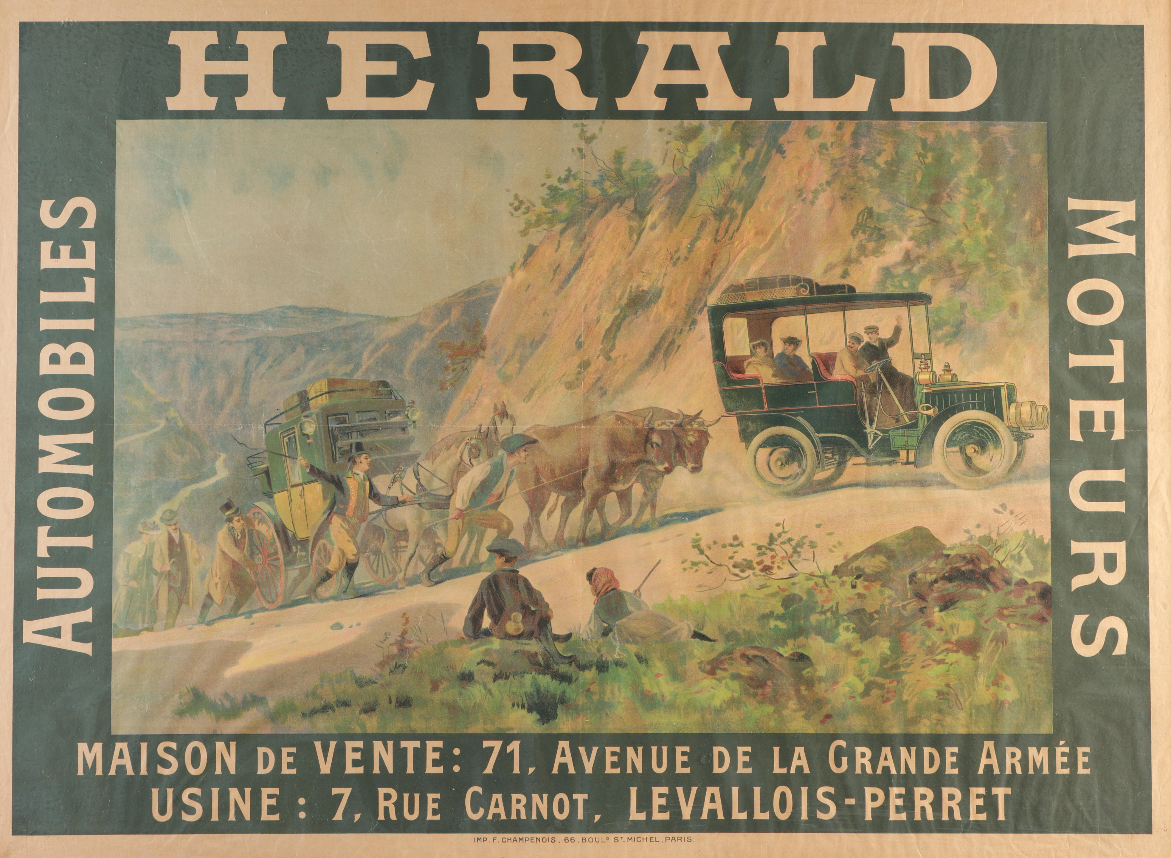 AN AUTOMOBILES HERALD MOTEURS ADVERTISING POSTER PARIS CIRCA 1908 printed
