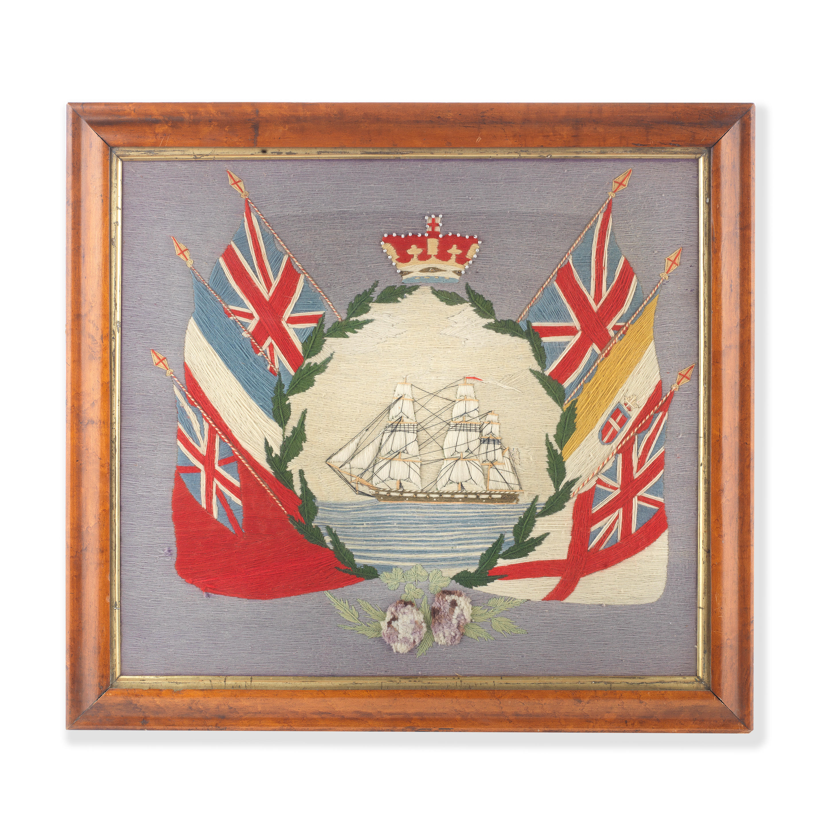 A LATE 19TH CENTURY WOOLWORK SHIP PICTURE depicting a three