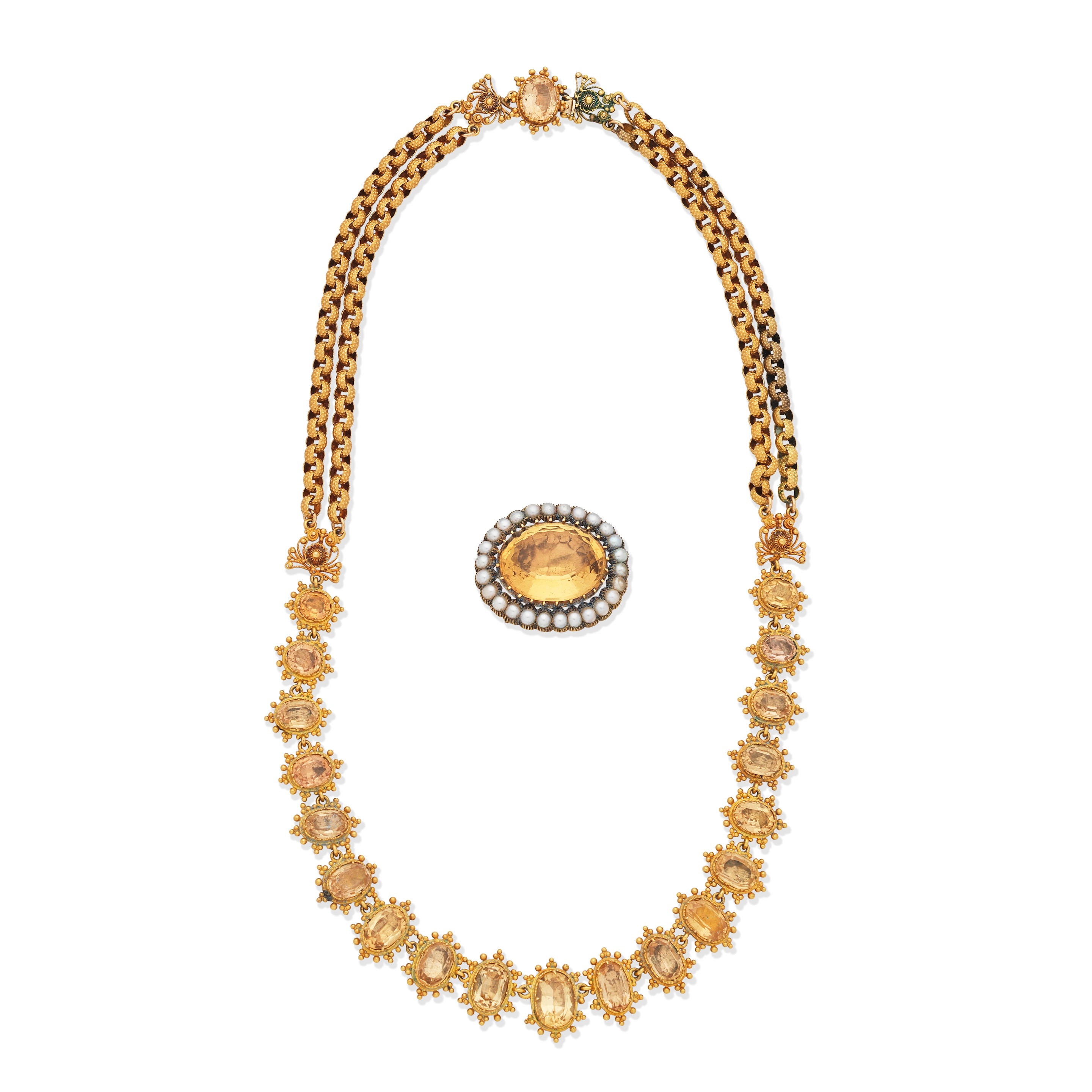 TOPAZ NECKLACE CIRCA 1830 CITRINE AND HALF PEARL BROOCH MID