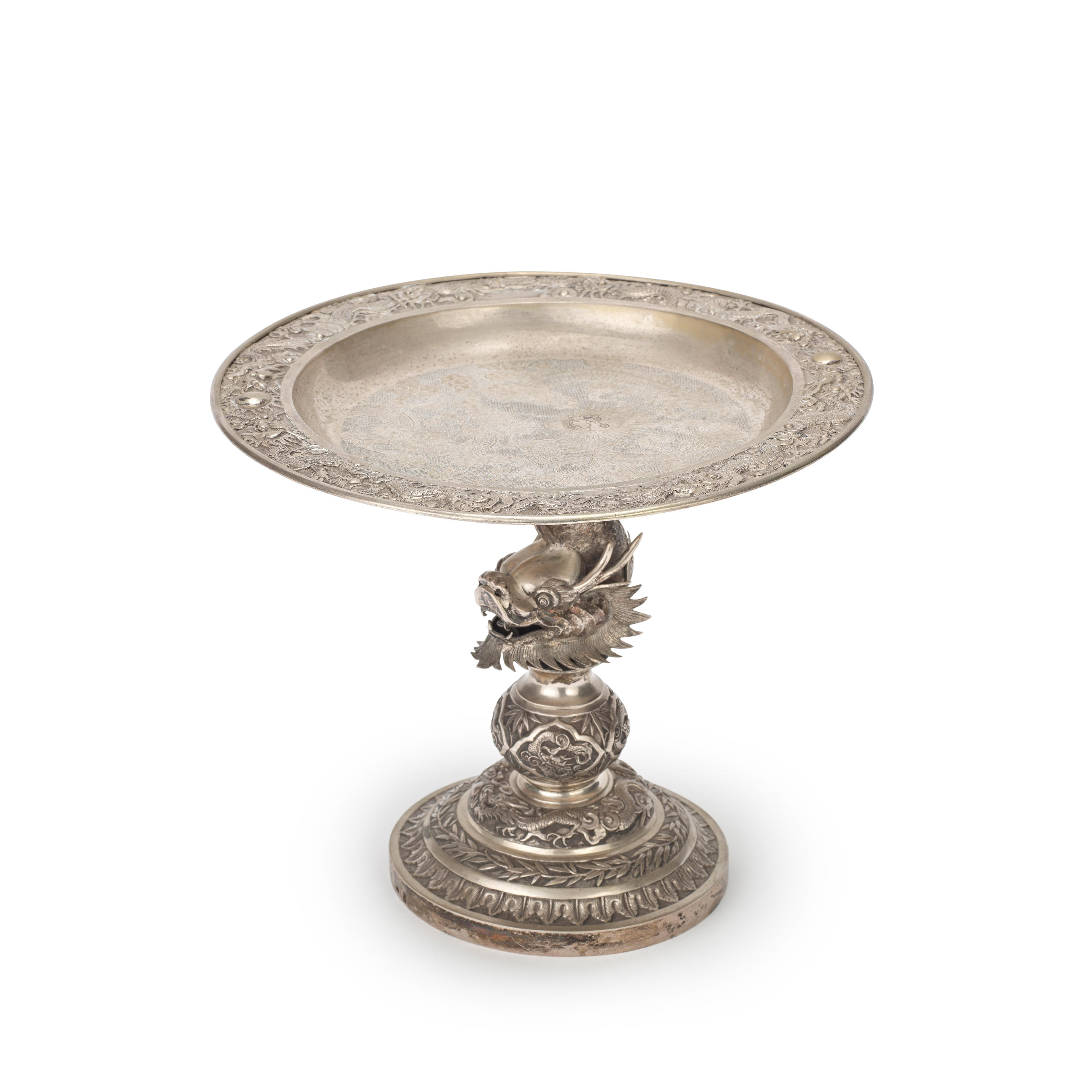 A CHINESE EXPORT SILVER DRAGON TAZZA Early 20th Century marked