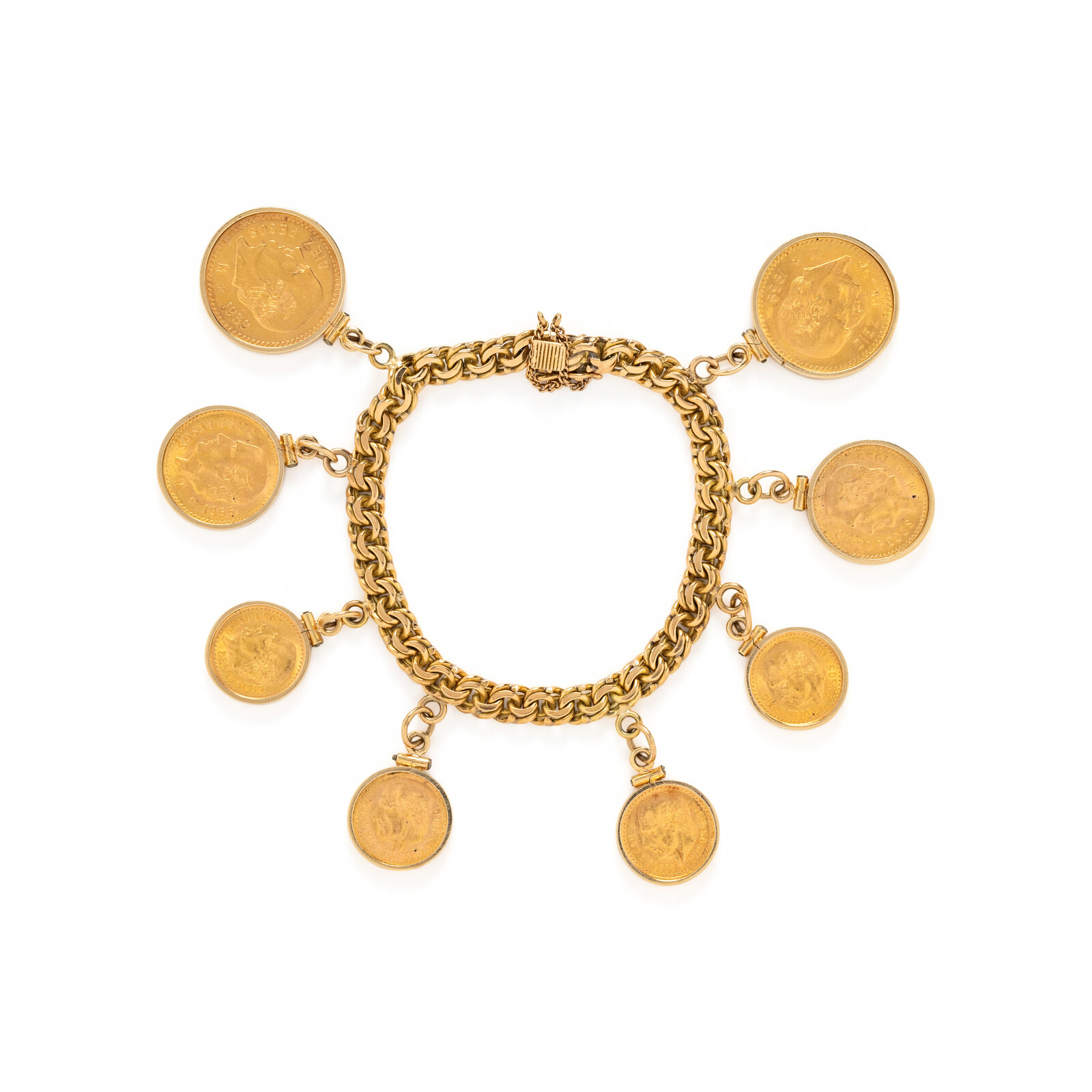 YELLOW GOLD COIN CHARM BRACELET Fancy link chain suspending eight
