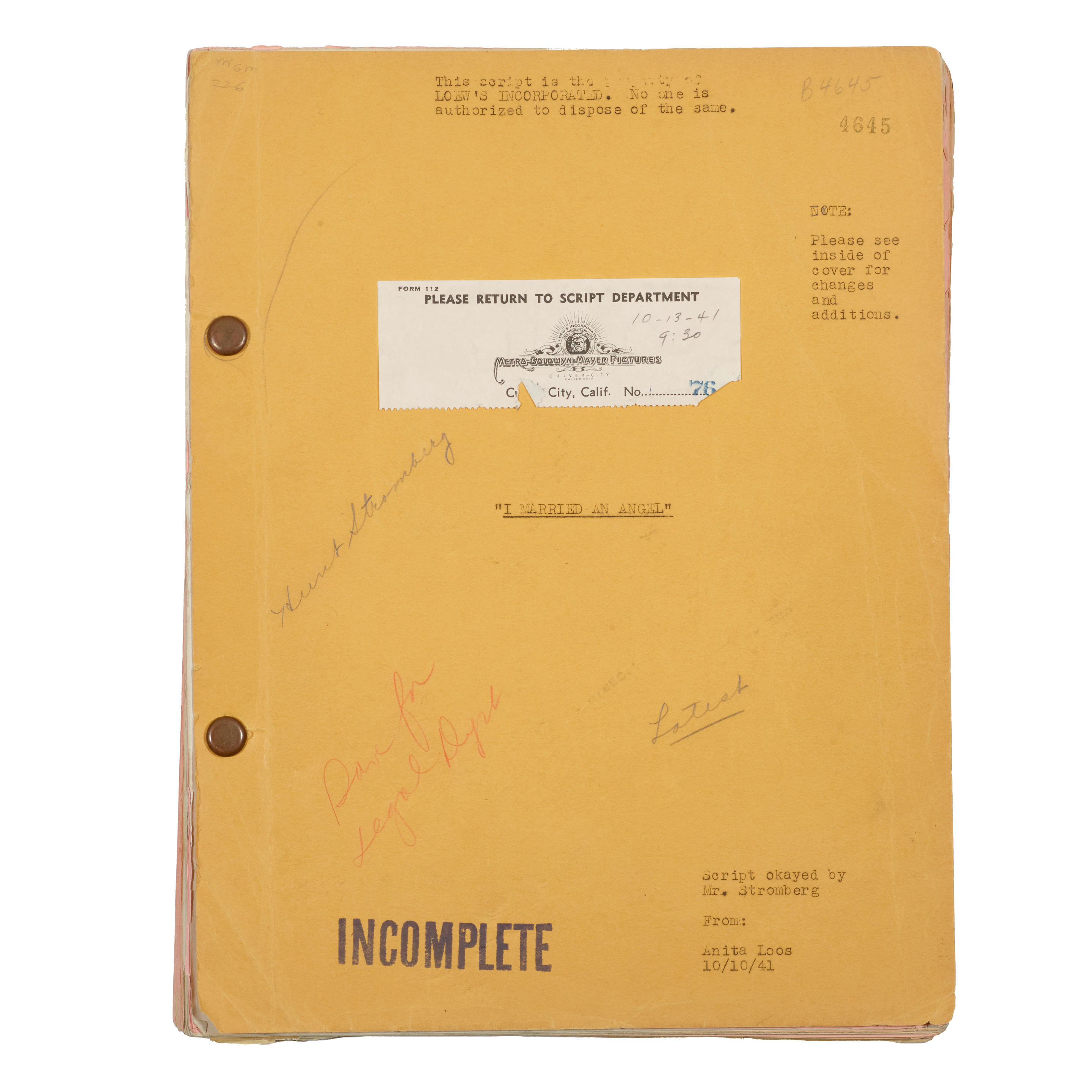 AN ANITA LOOS SCREENPLAY OF I MARRIED AN ANGEL LOOS
