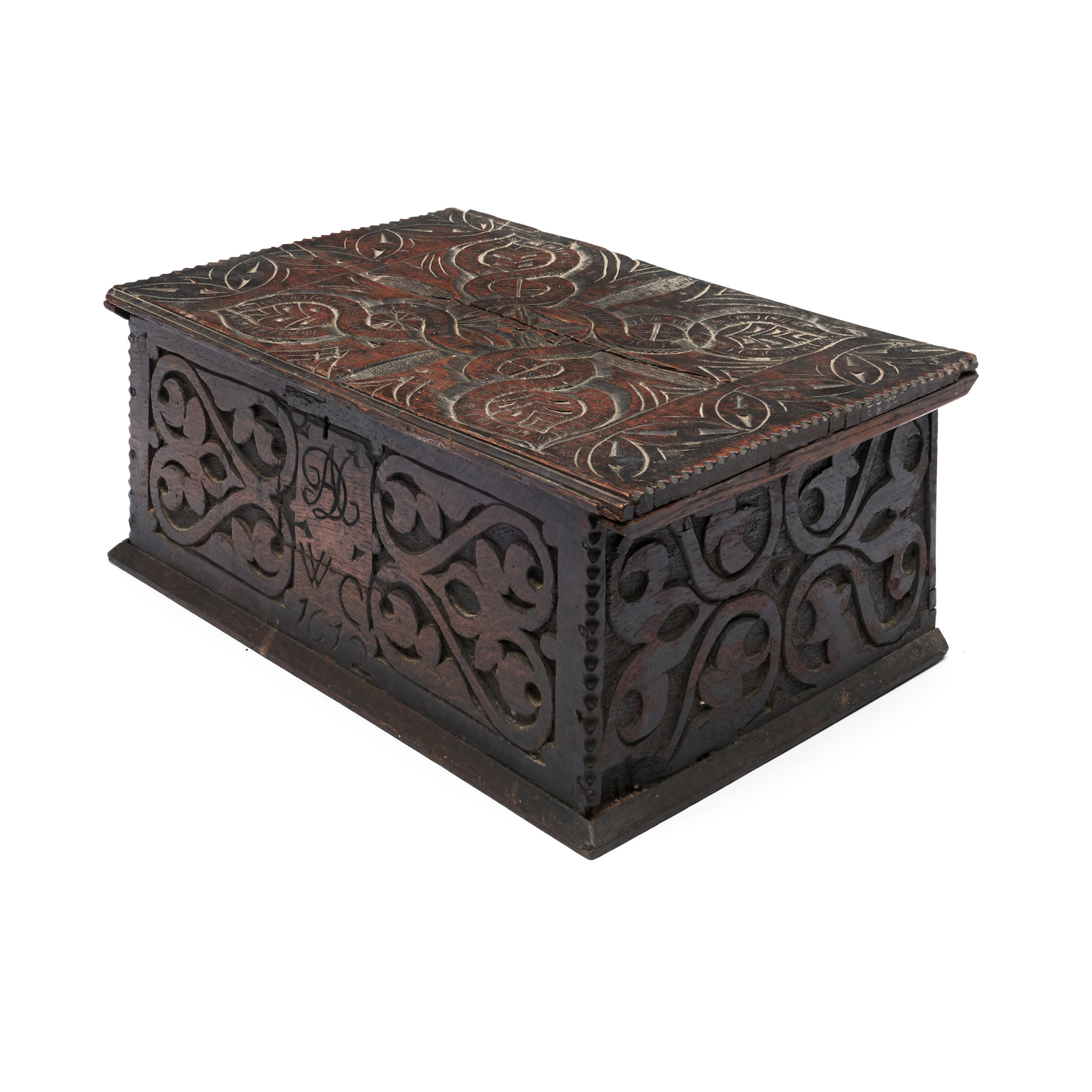 CARVED OAK BIBLE BOX dated 1672 The lid front and