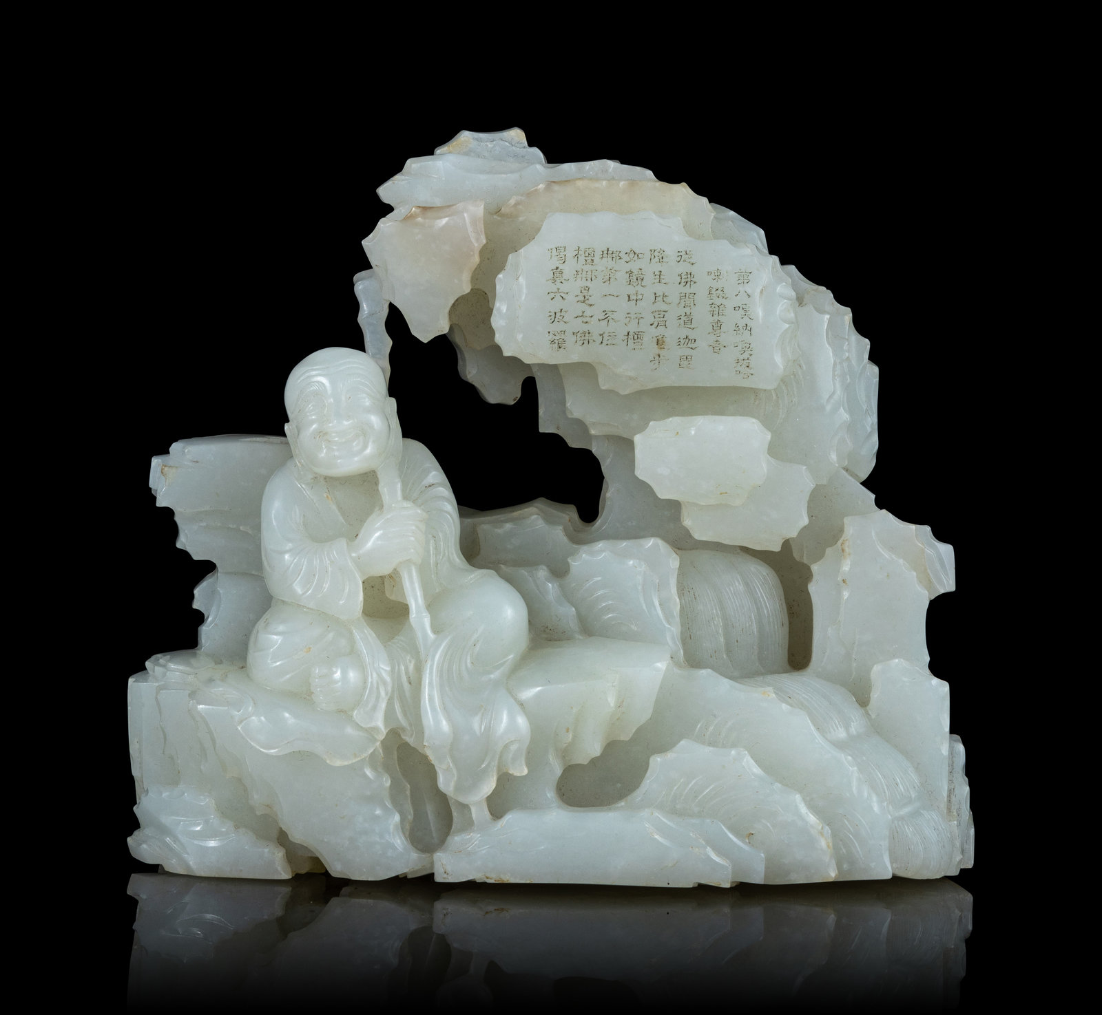 A Carved Pale Celadon Jade Luohan Boulder finely carved to