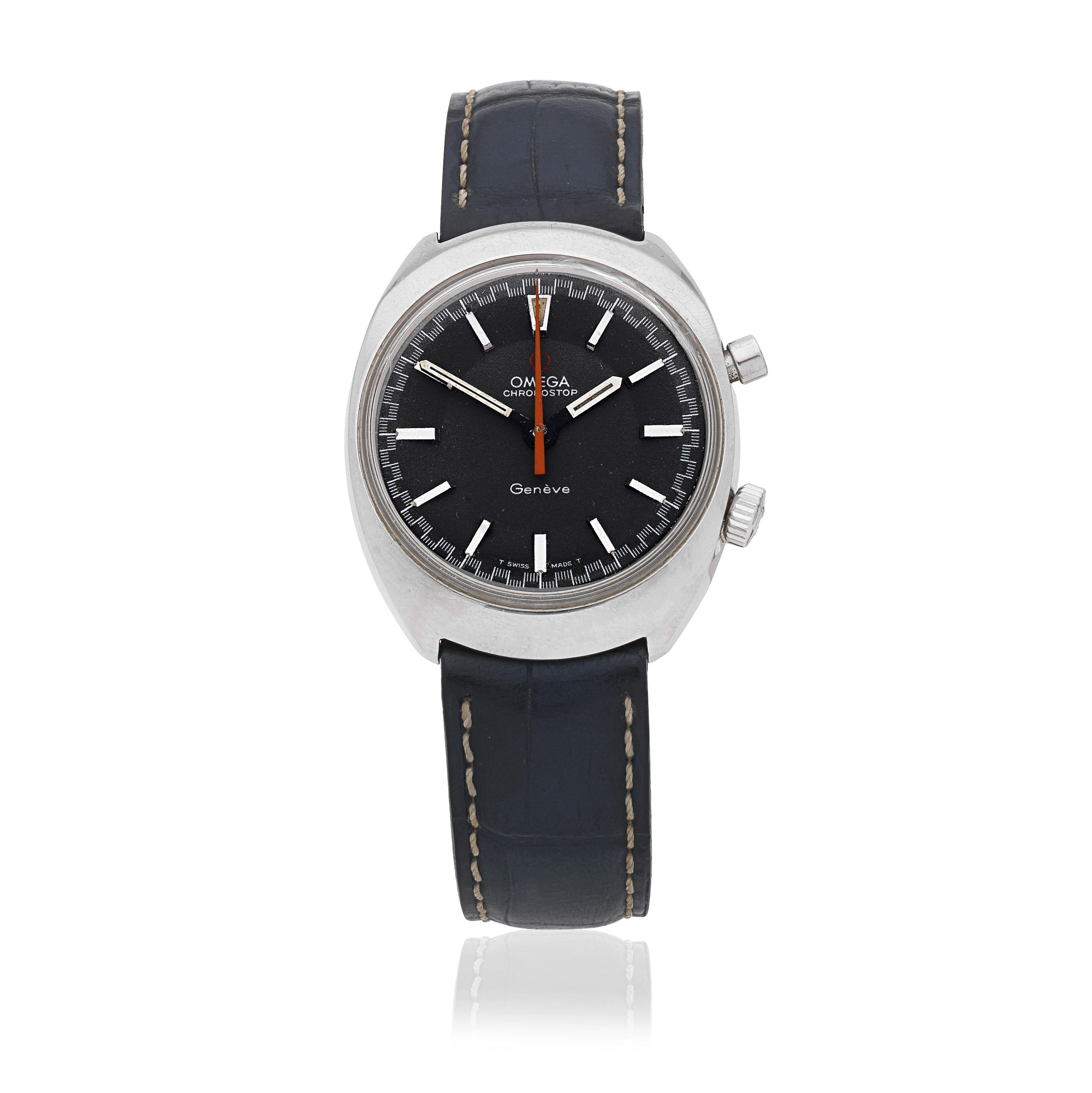 OMEGA A STAINLESS STEEL MANUAL WIND SINGLE BUTTON CHRONOGRAPH WRISTWATCH