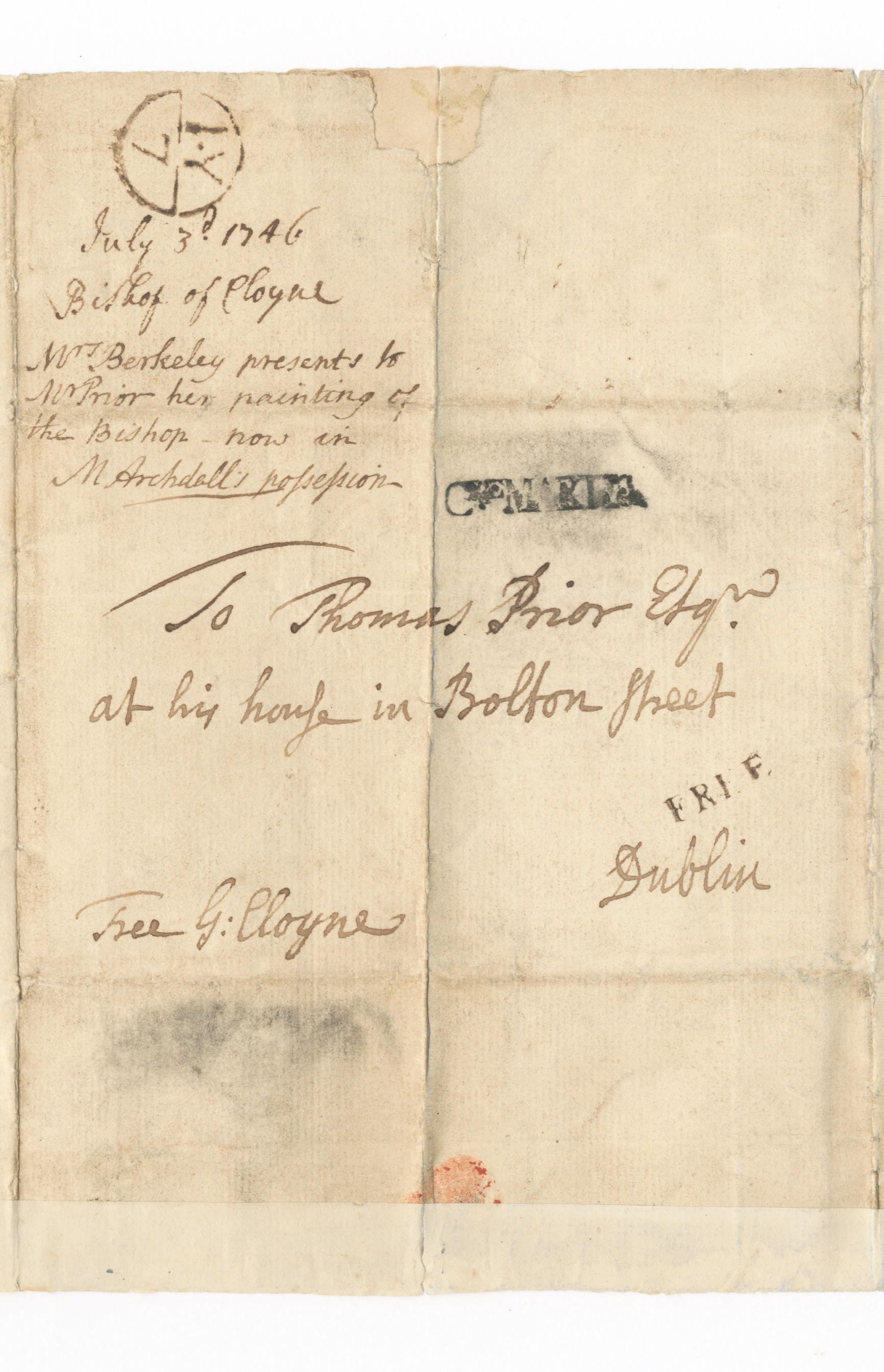 BERKELEY GEORGE Autograph letter signed G Cloyne as Bishop of